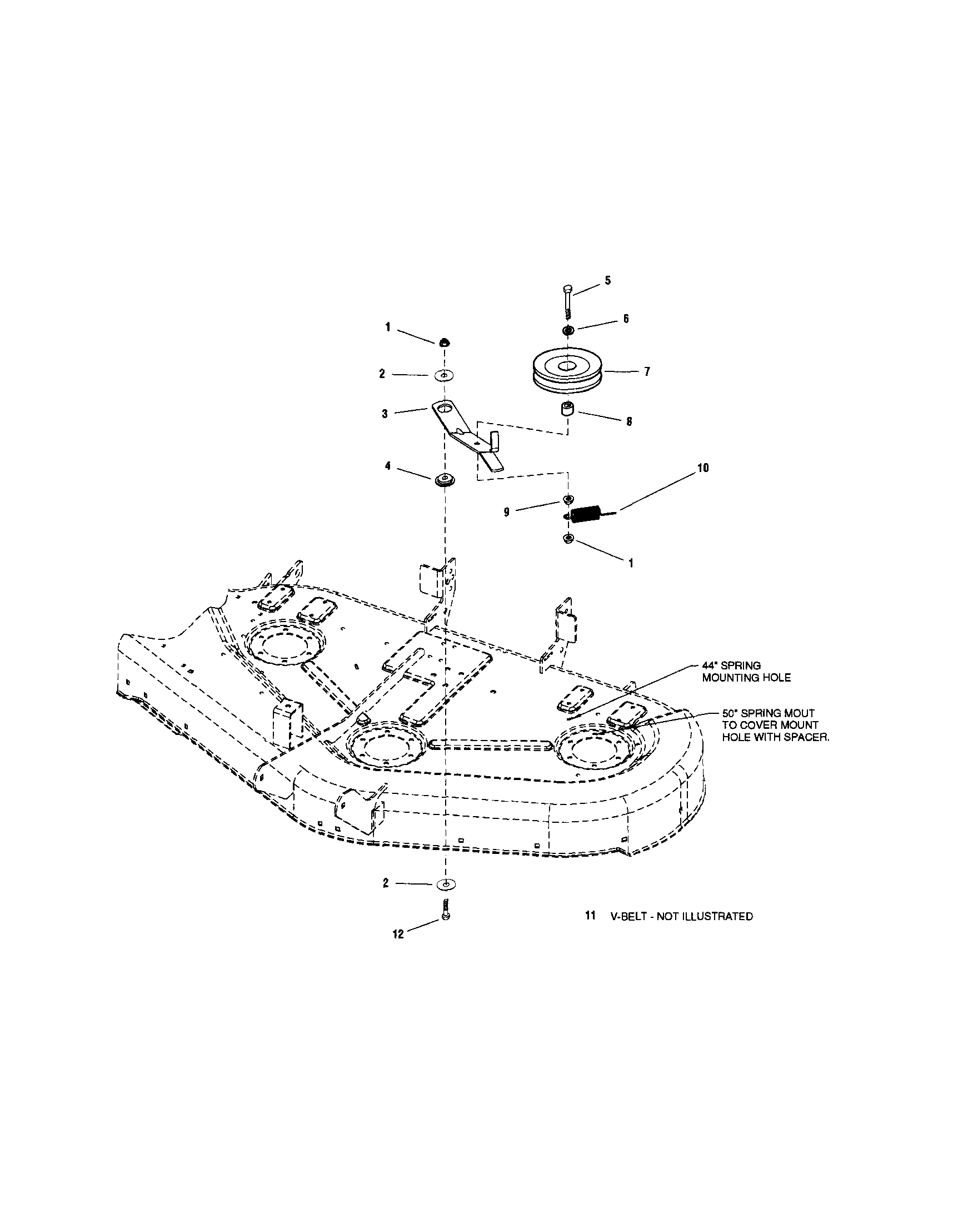 44" MOWER DECK-BELT/IDLER ARM/HITCH