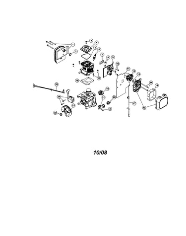 Muffler/flywheel/carburetor