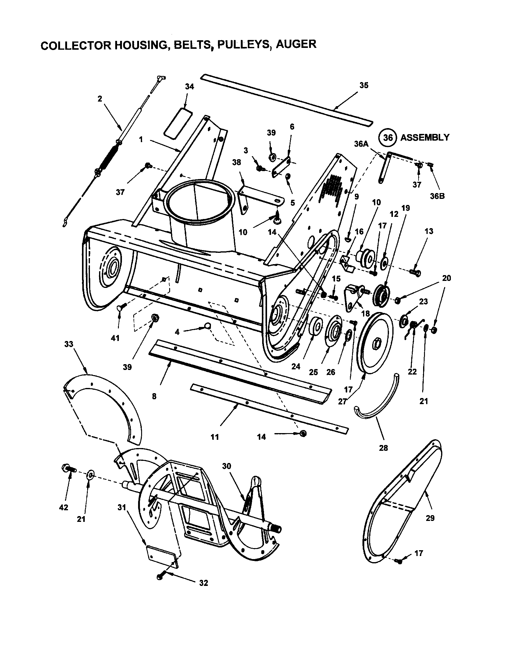 Housing/belts/pulleys/auger
