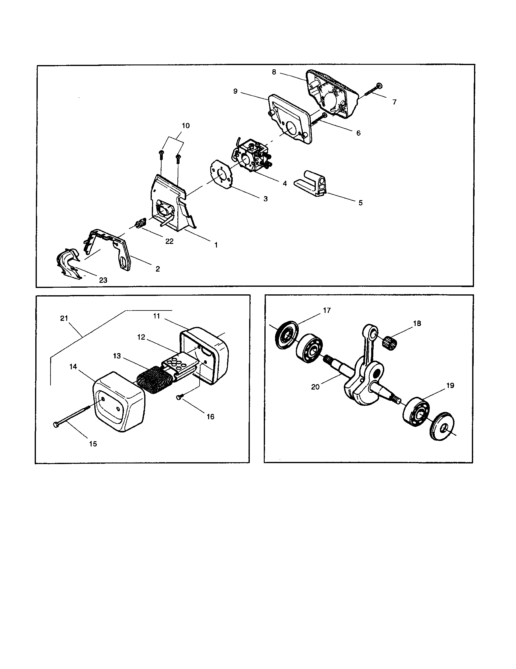 Crankshaft/carburetor/muffler