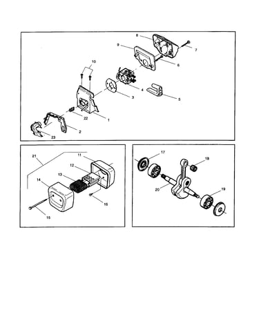 Crankshaft/carburetor/muffler