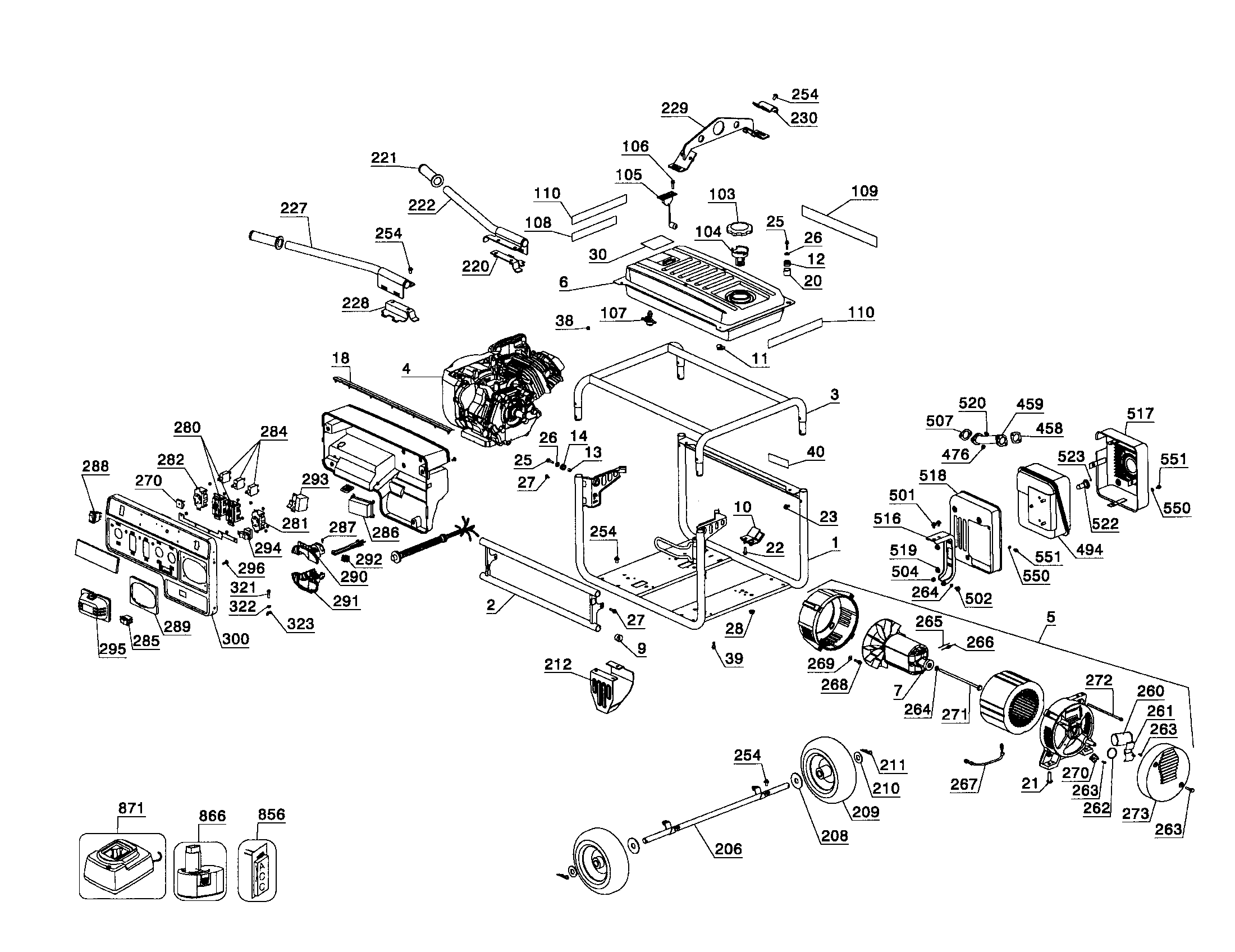 Engine/fuel tank/alternator