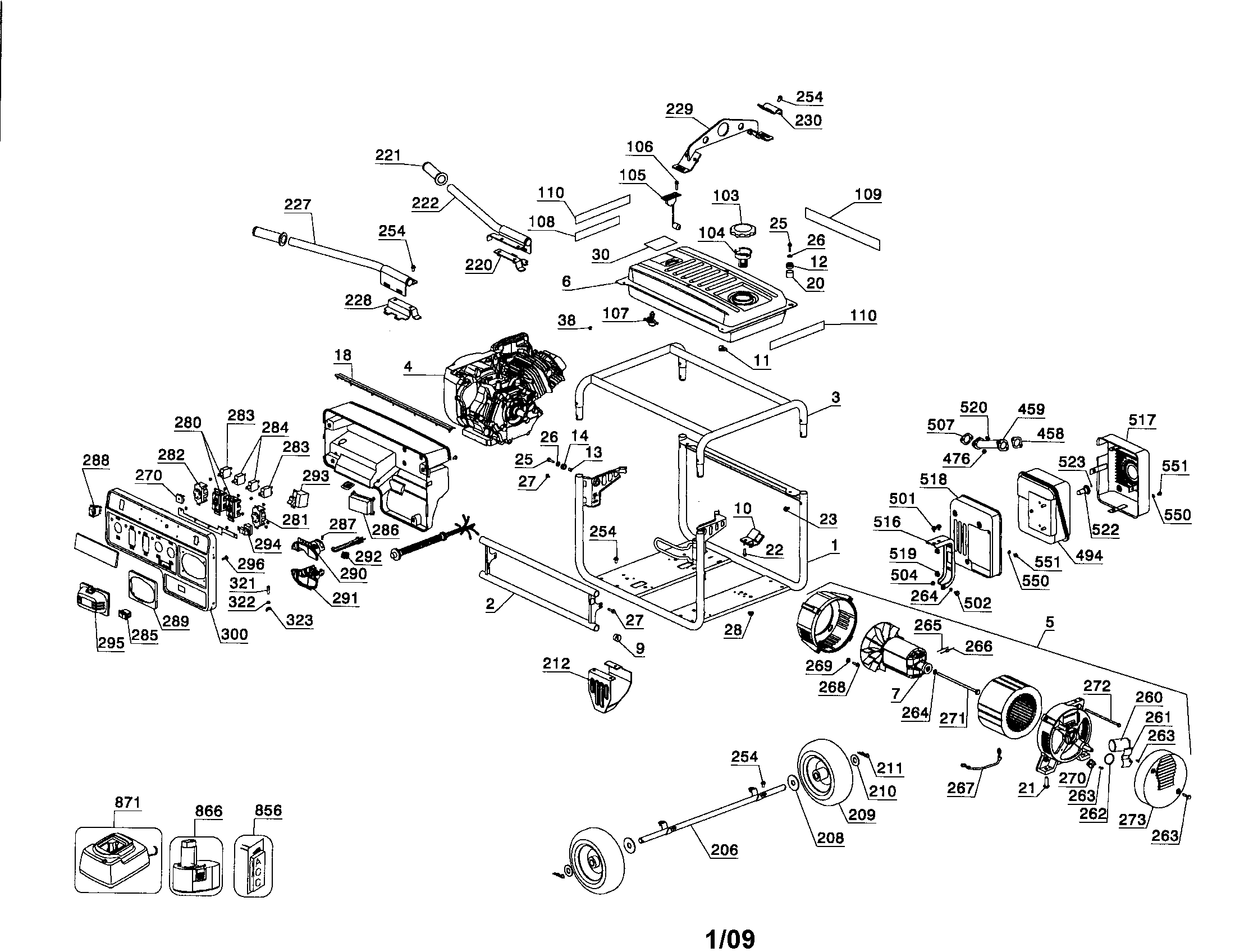 Engine/fuel tank/alternator
