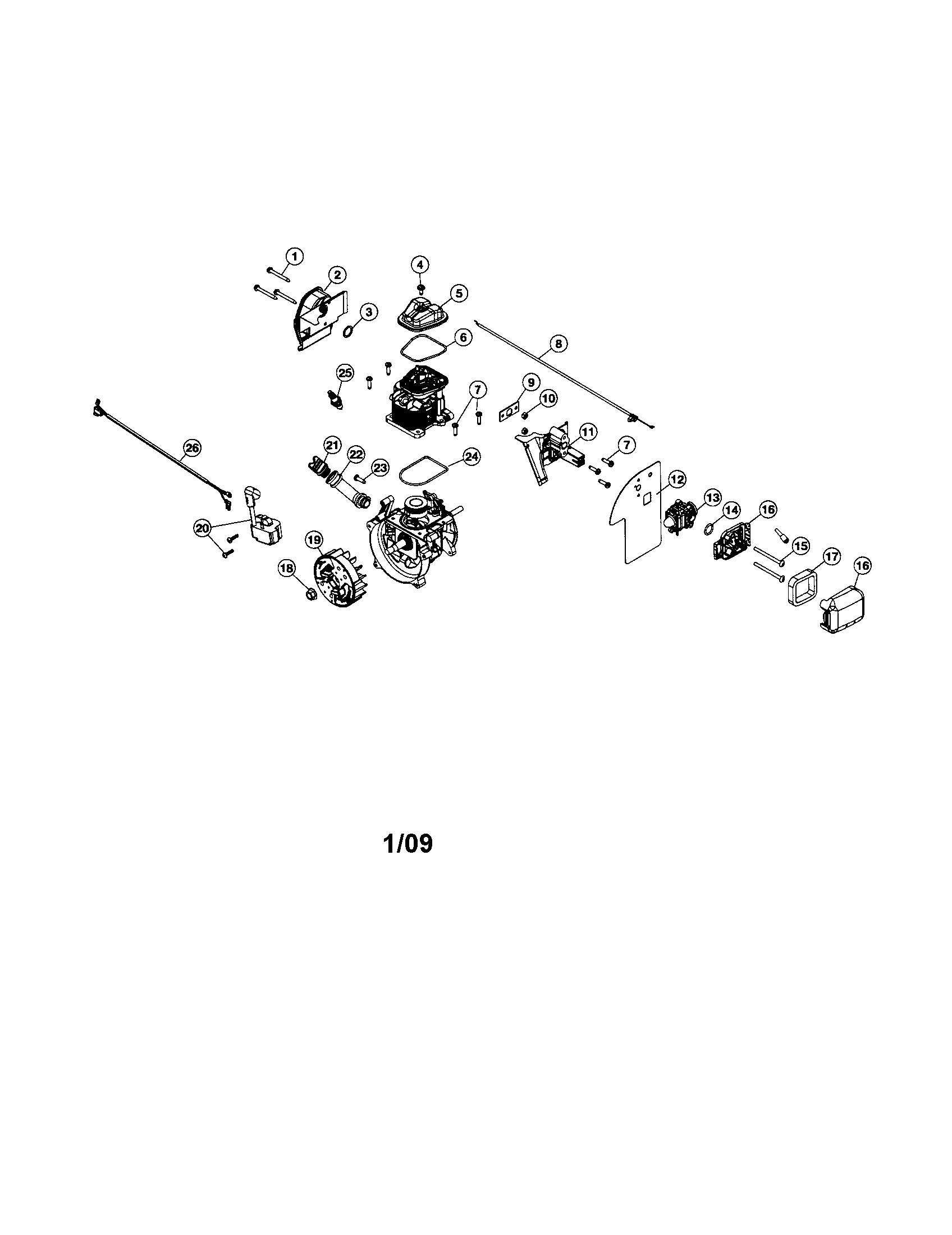 Muffler/carburetor/flywheel