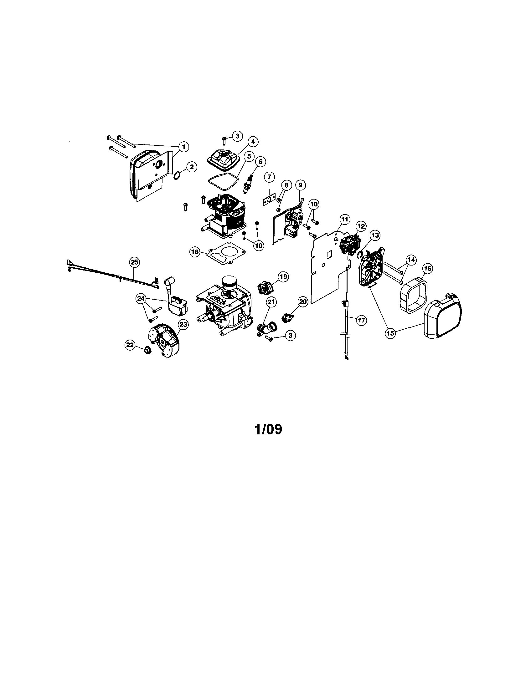 Muffler/carburetor/flywheel