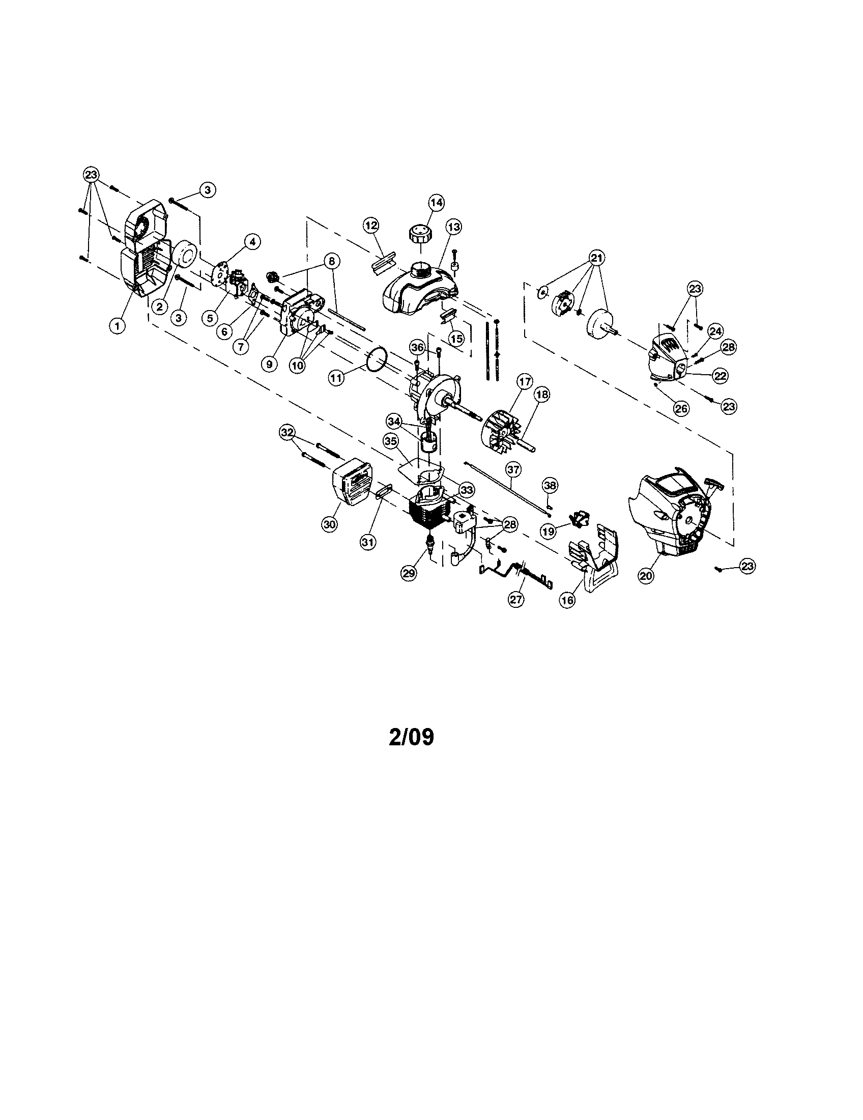 Cylinder/fuel tank/flywheel