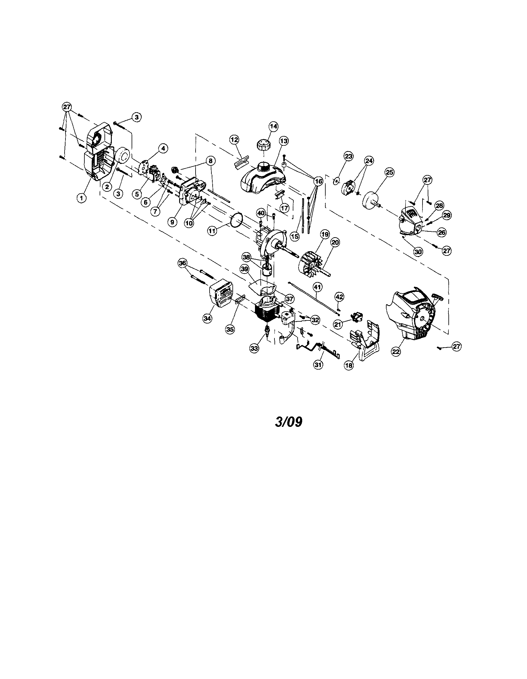Cylinder/fuel tank/muffler