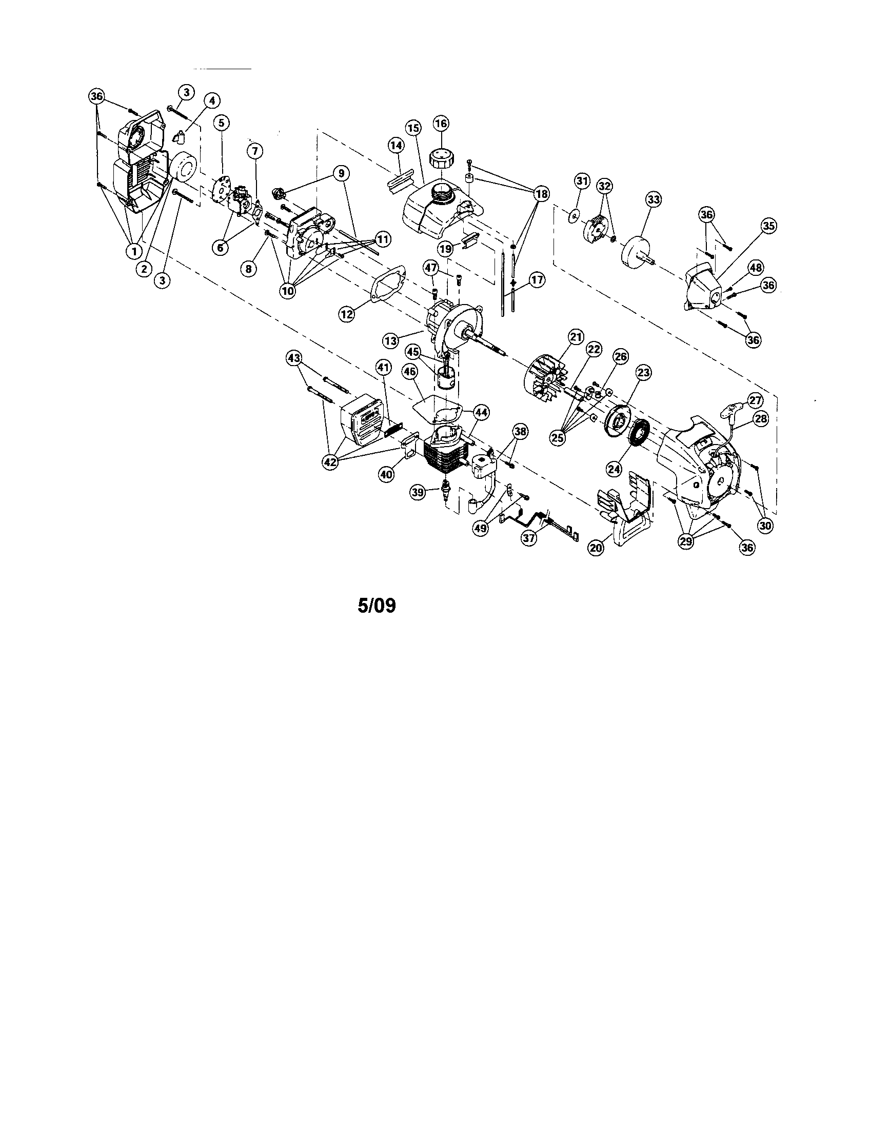 Cylinder/fuel tank/flywheel