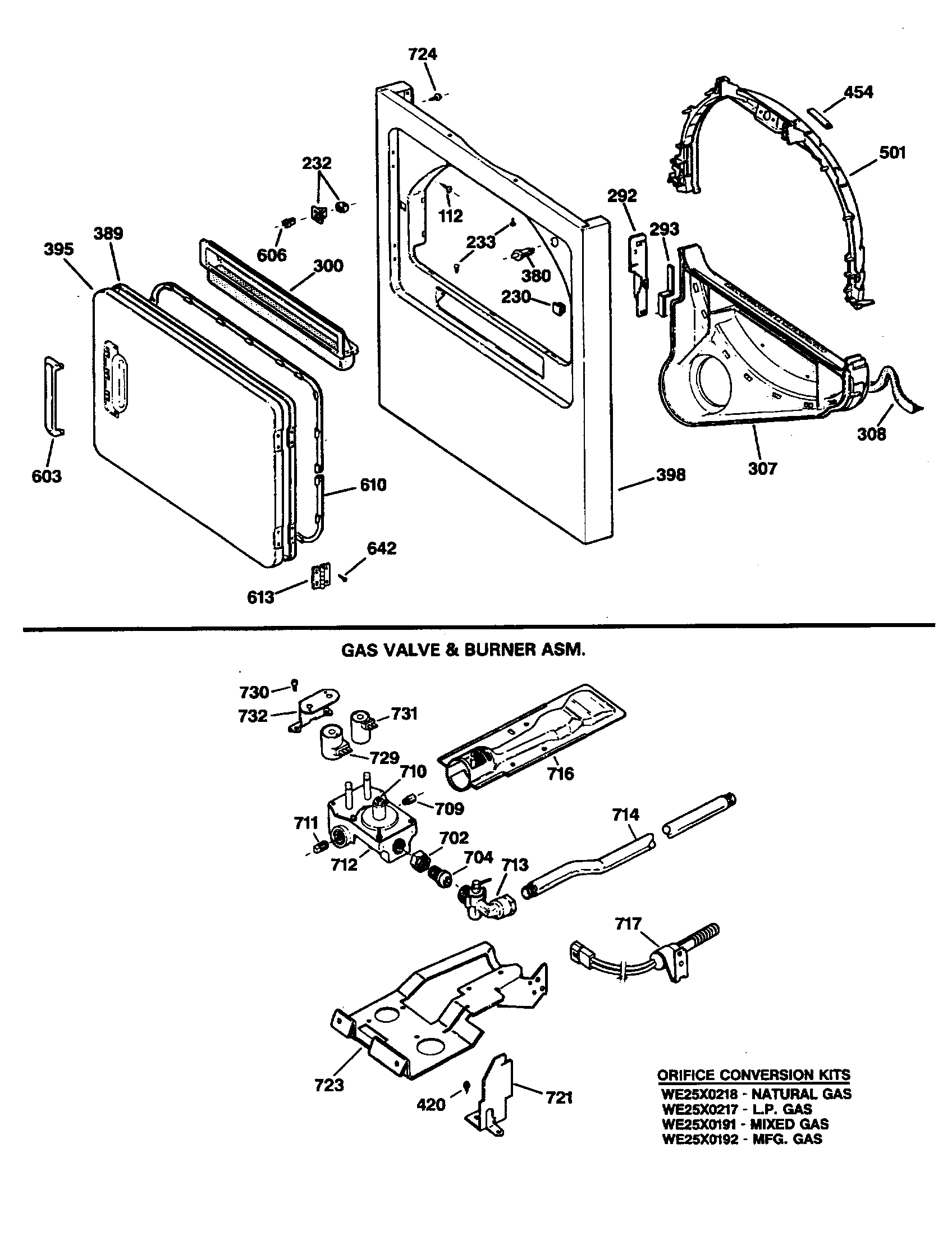 Cabinet front/gas valve/burner
