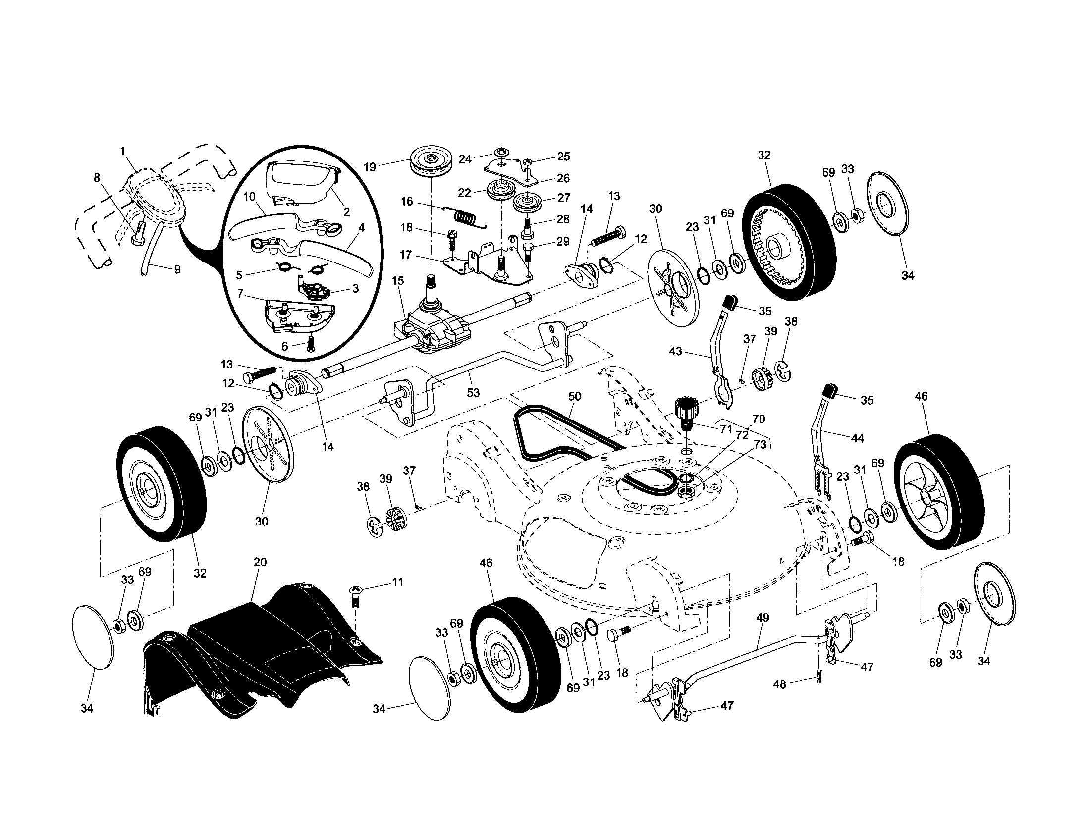 Drive control/gear case/wheels