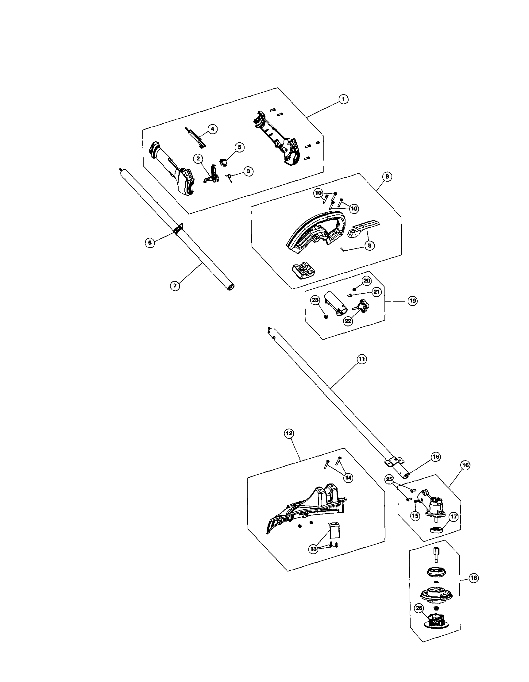 Upper drive shaft/shield/handle