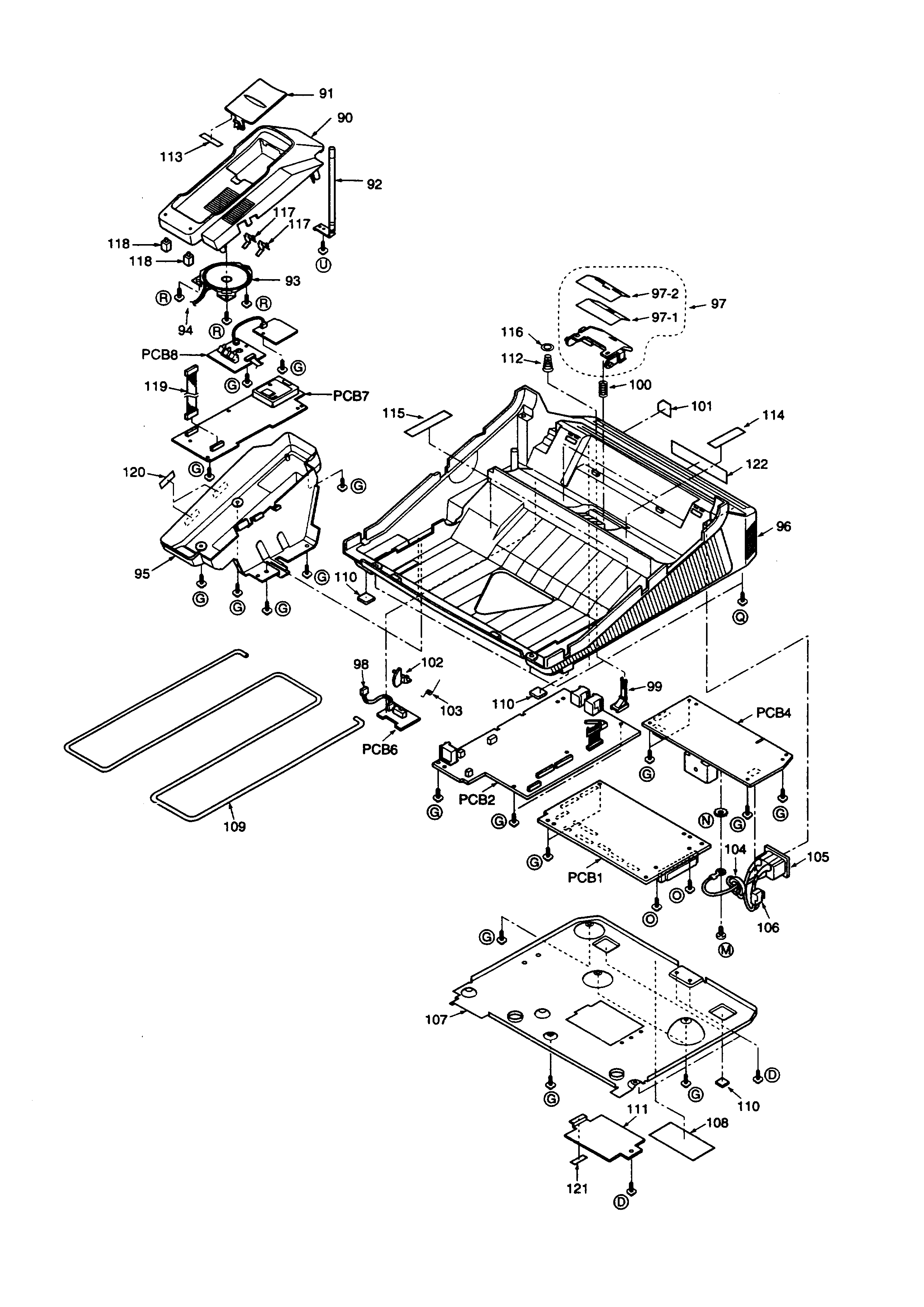 Upper cabinet/p.c.b