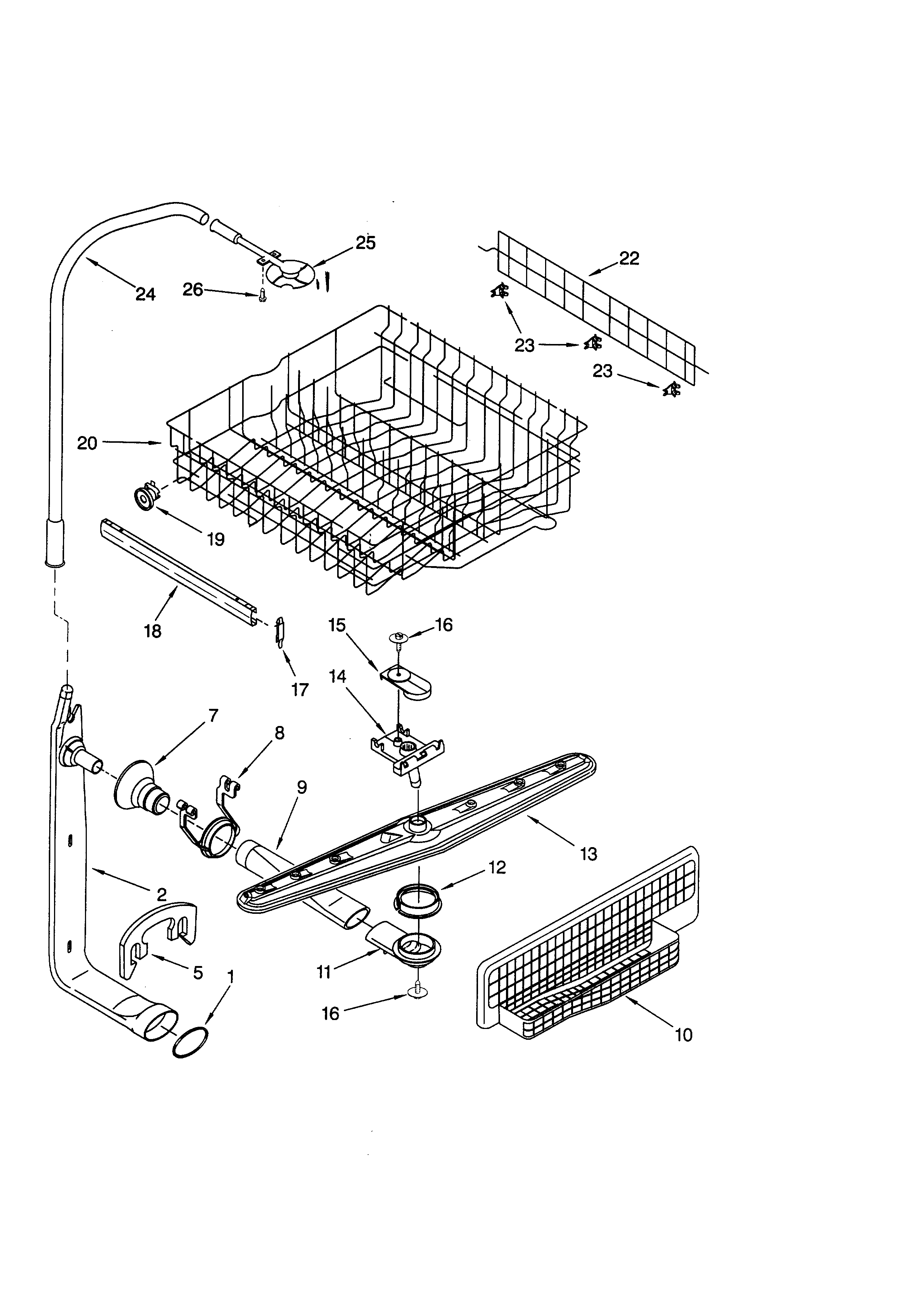 Upper dishrack and water feed
