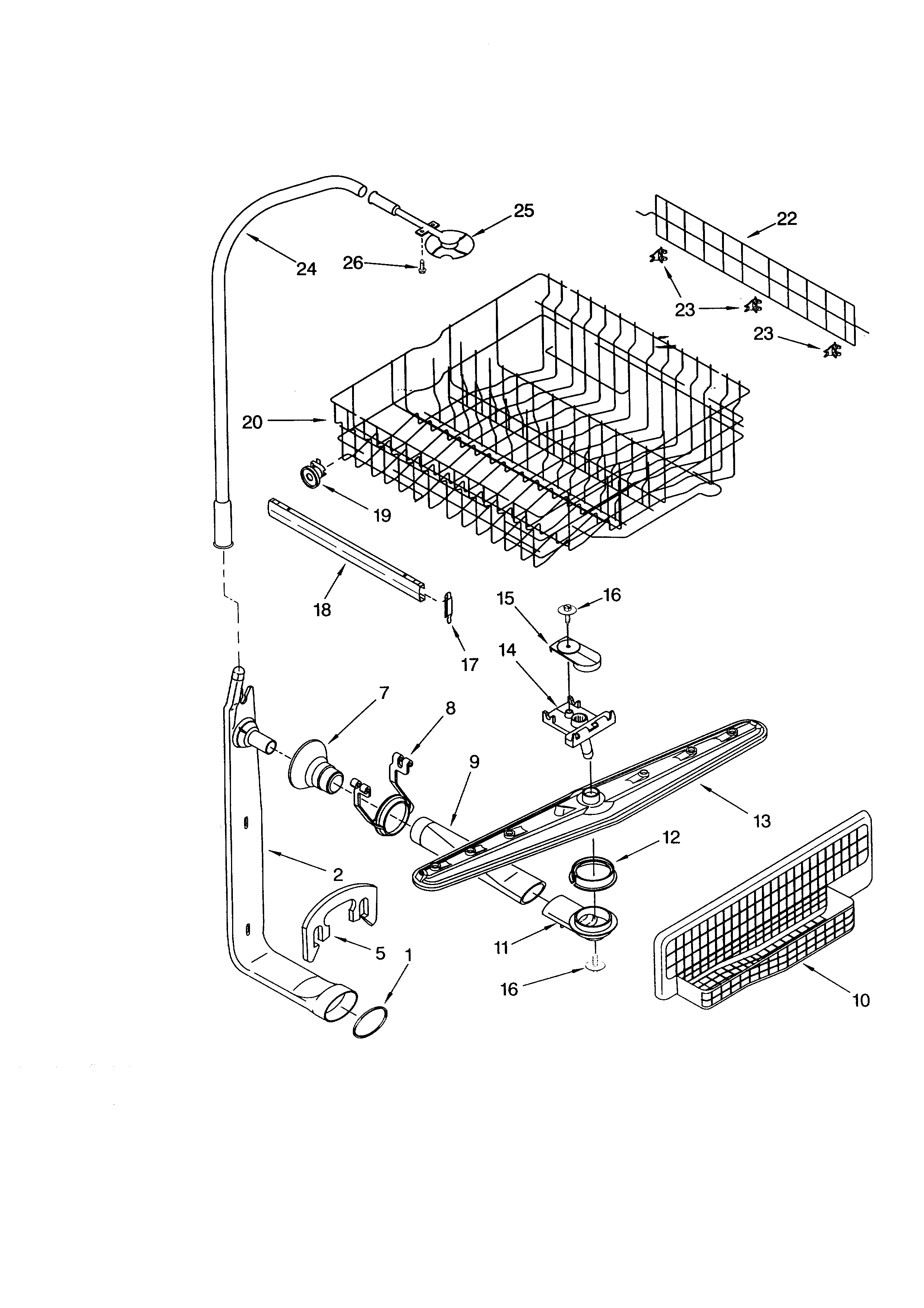Upper dishrack and water feed