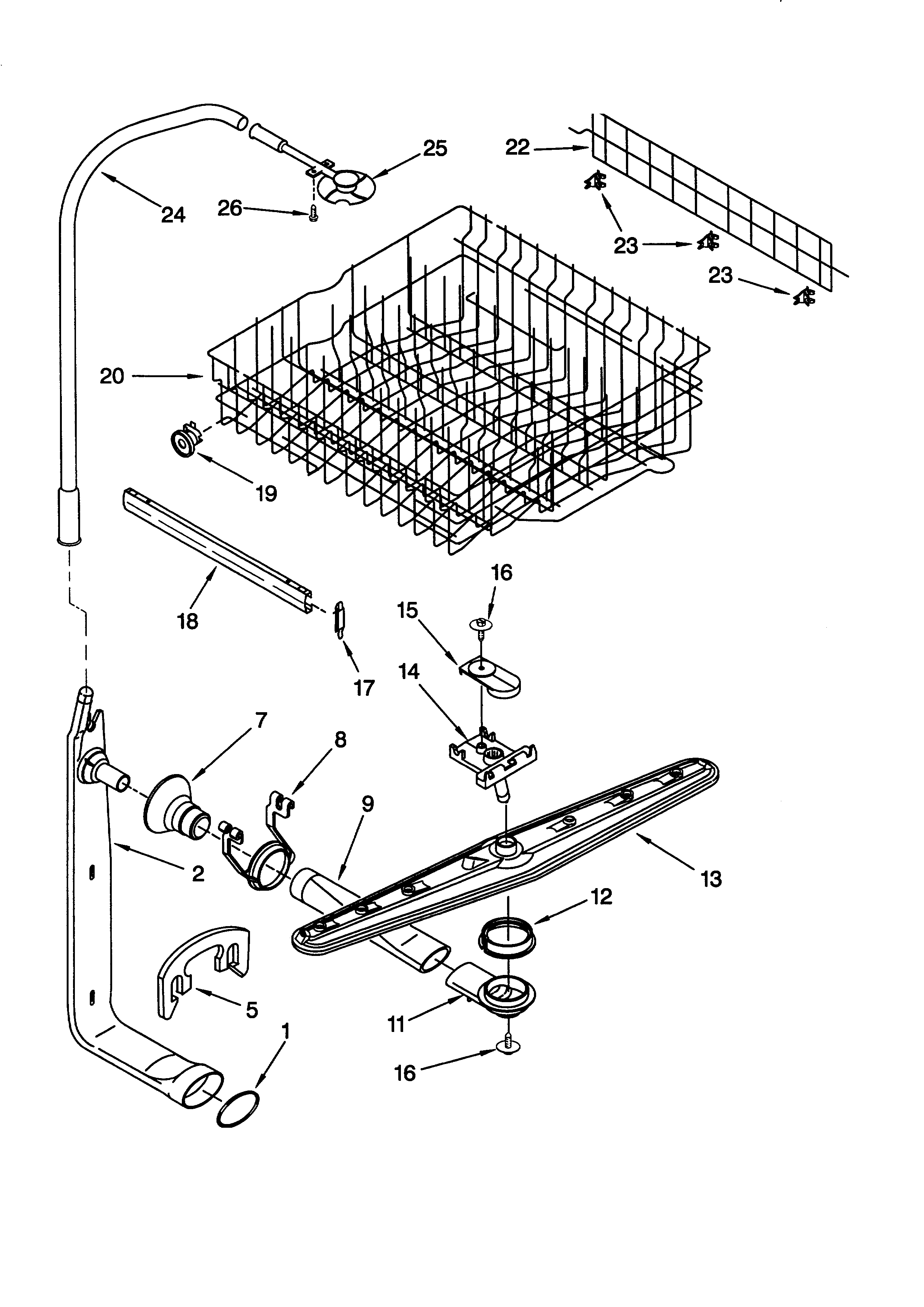 Upper dishrack and water feed