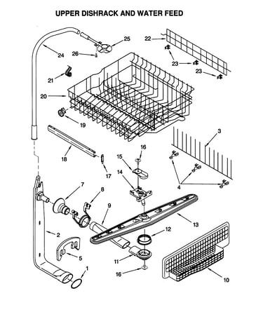 Upper dishrack and water feed