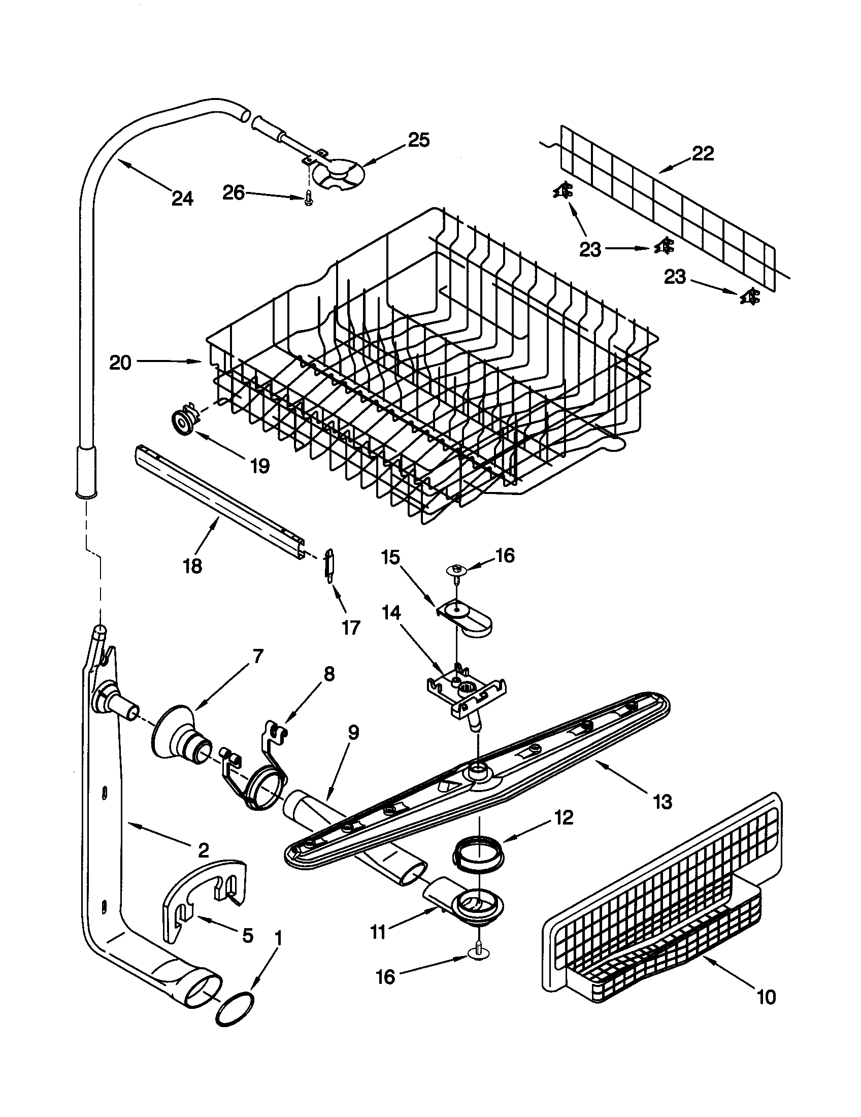 Upper dishrack and water feed