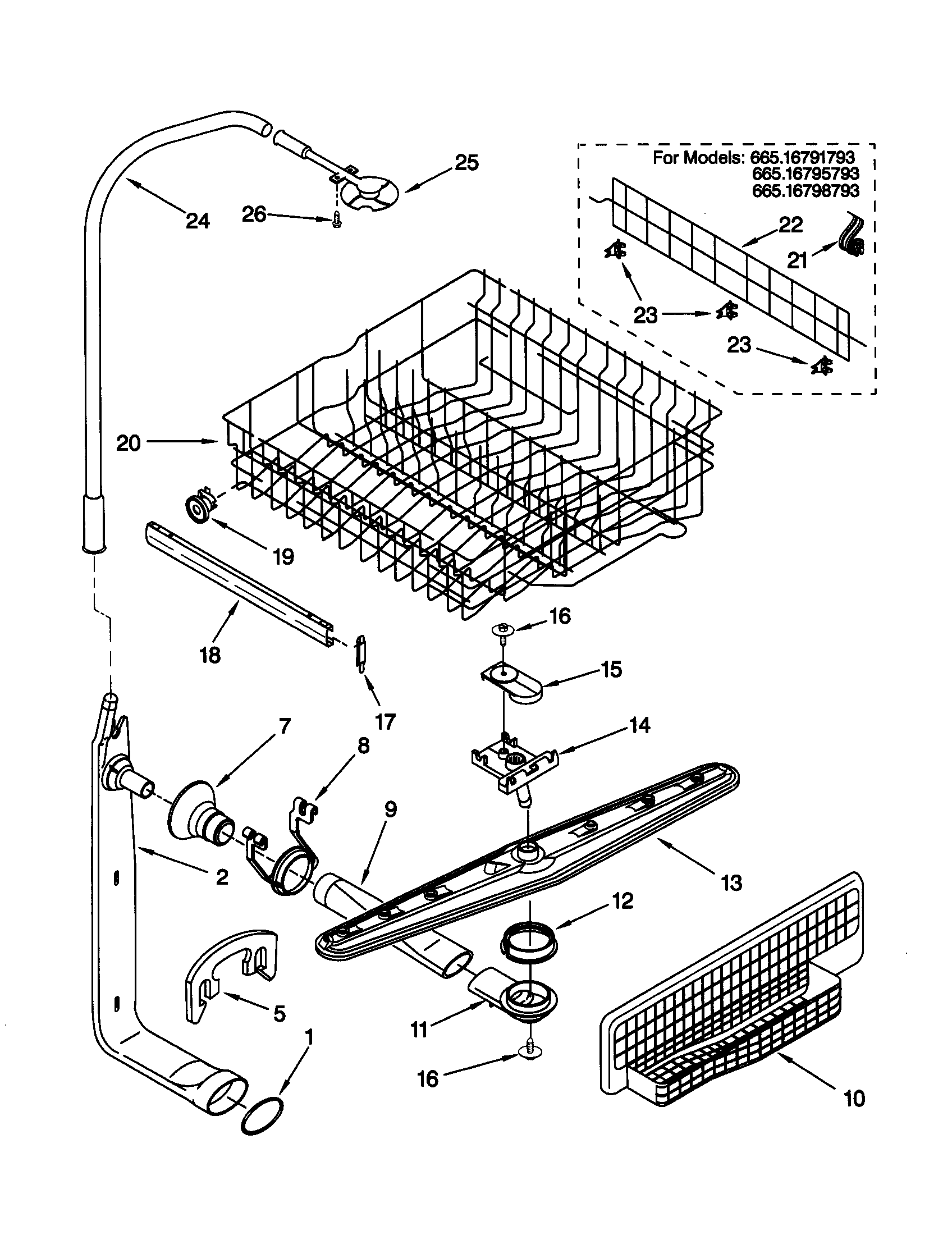 Upper dishrack and water feed