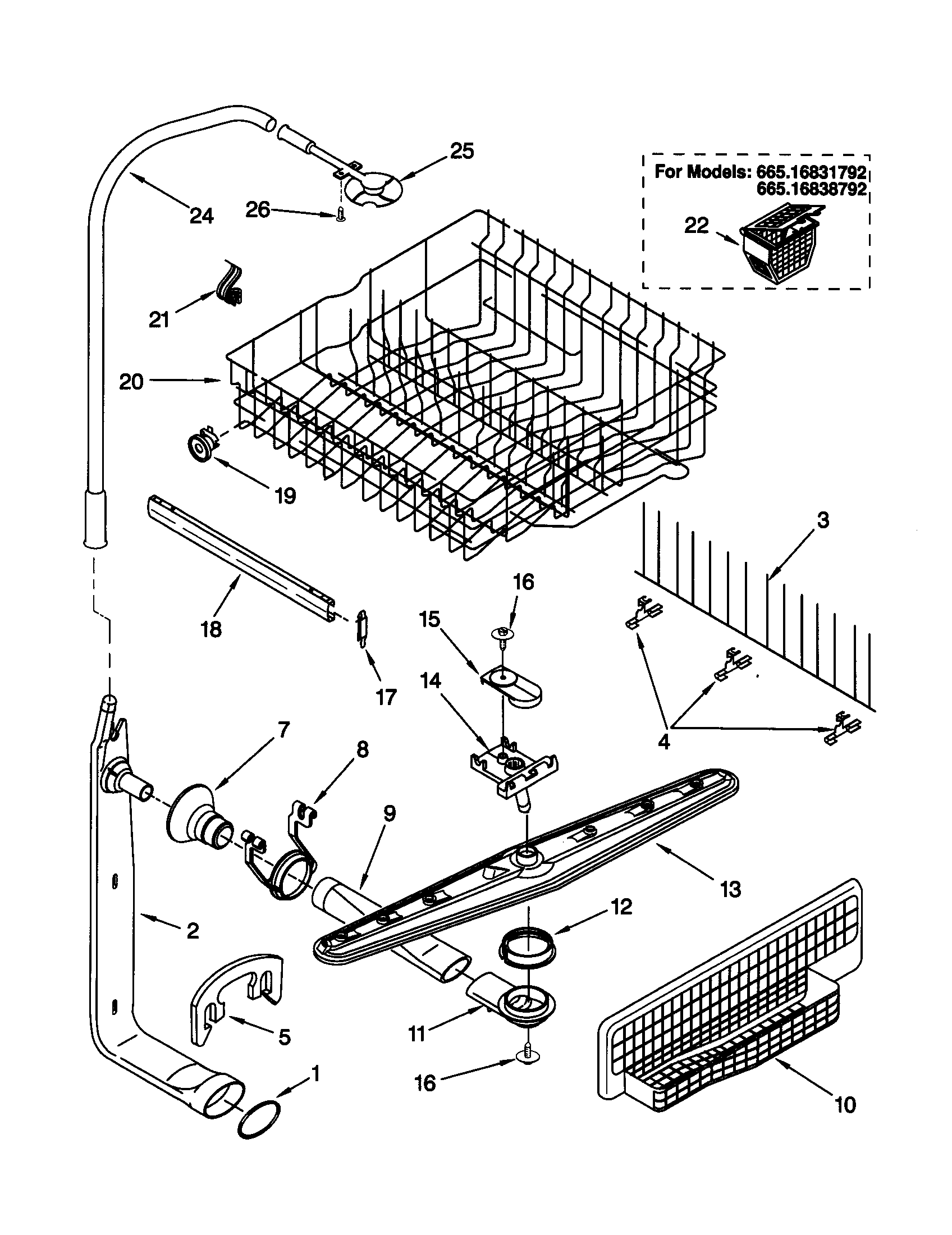 Upper dishrack and water feed