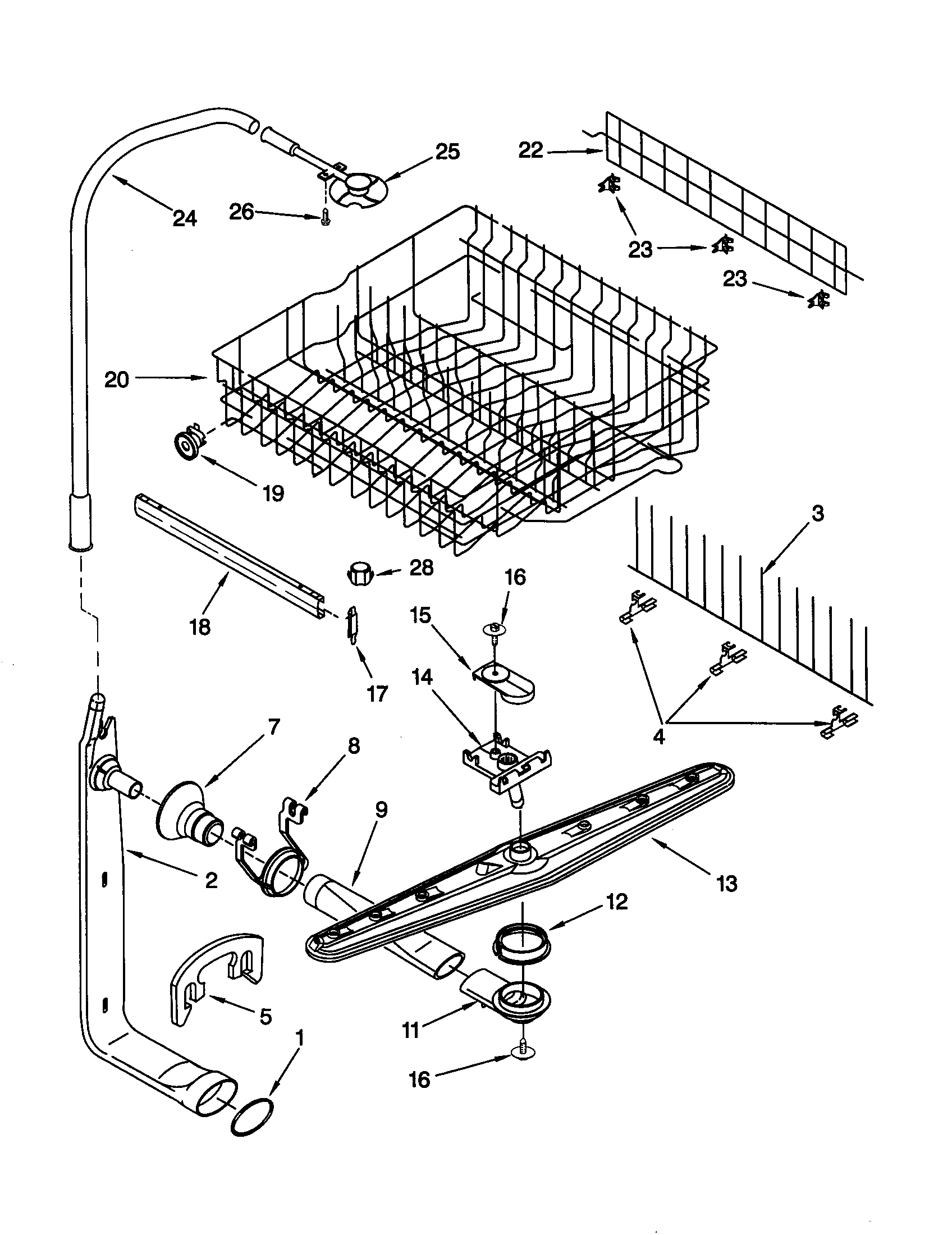 Upper dishrack and water feed