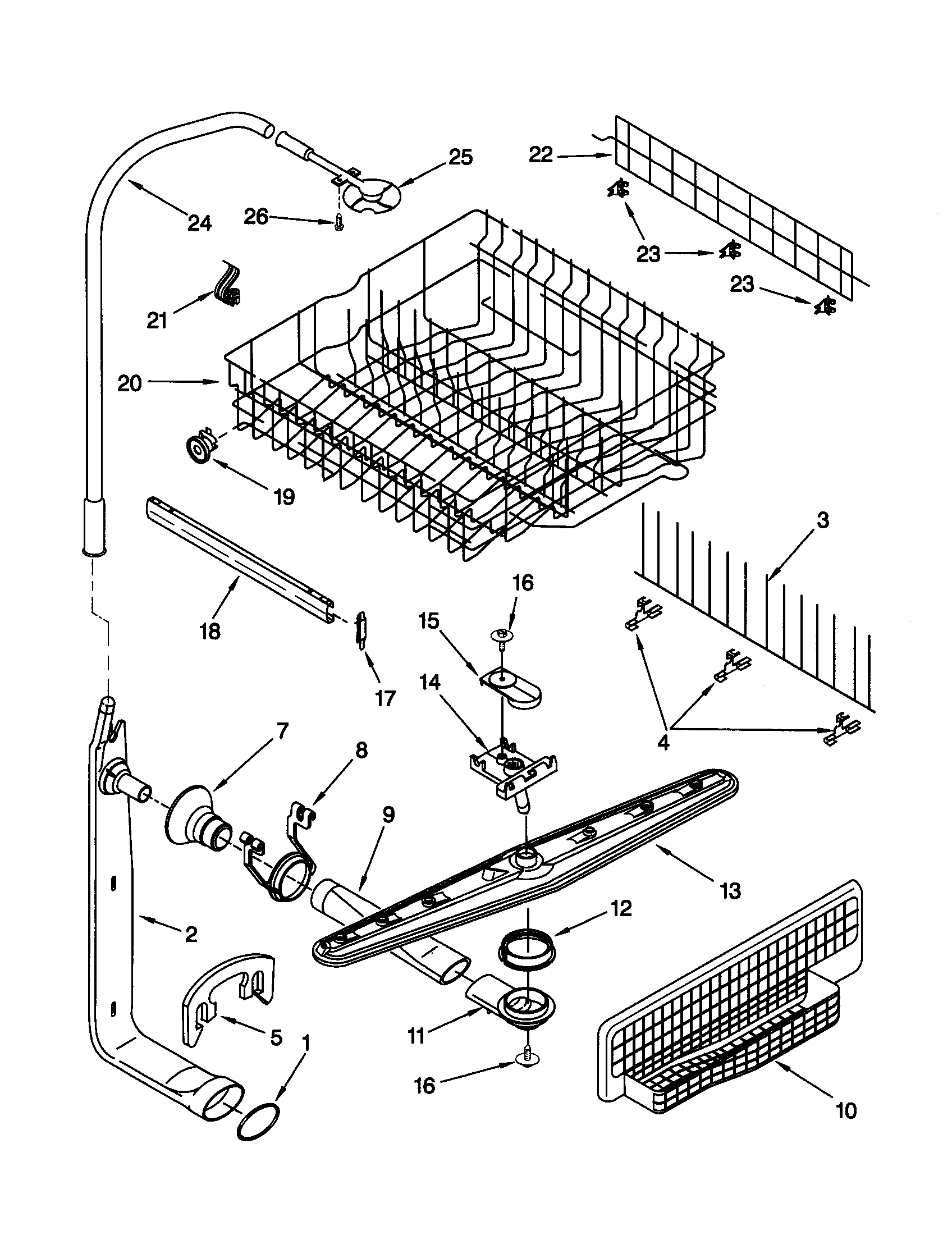 Upper dishrack and water feed