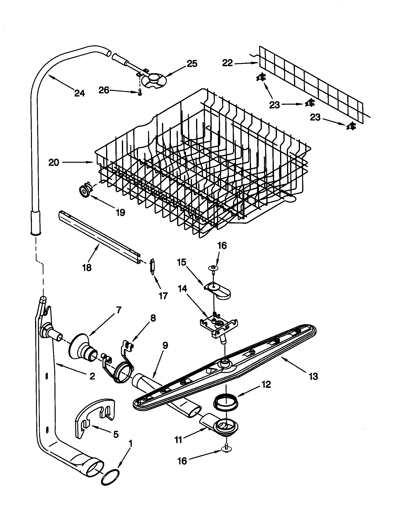 Upper dishrack and water feed