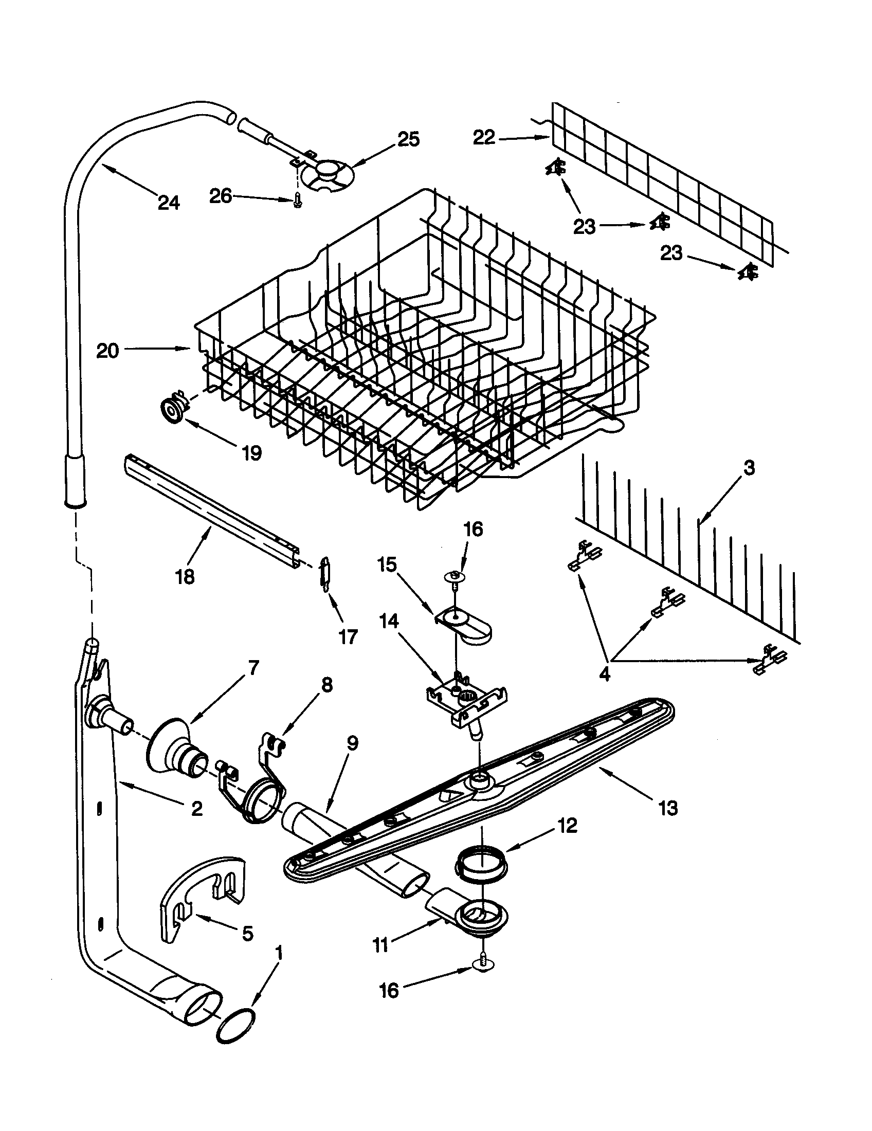 Upper dishrack and water feed