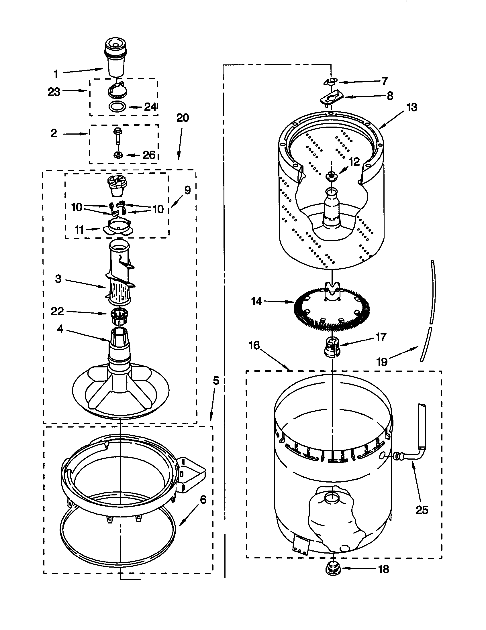 Agitator, basket and tub