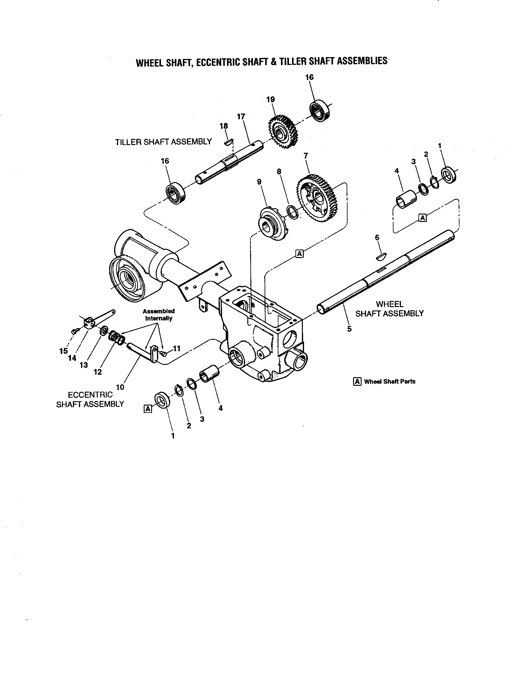 Wheel shaft/eccentric shaft and tiller shaft