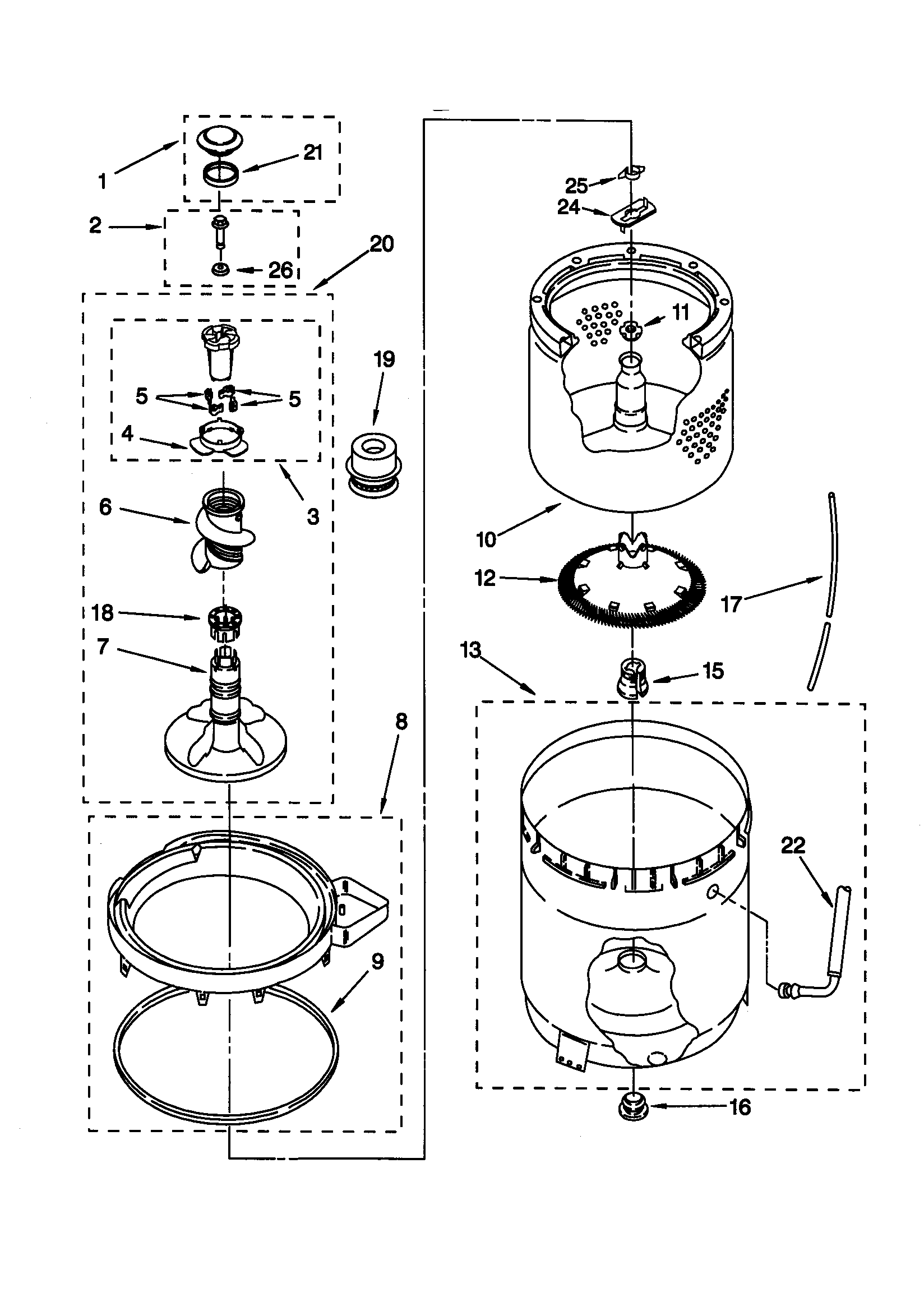 AGITATOR, BASKET AND TUB