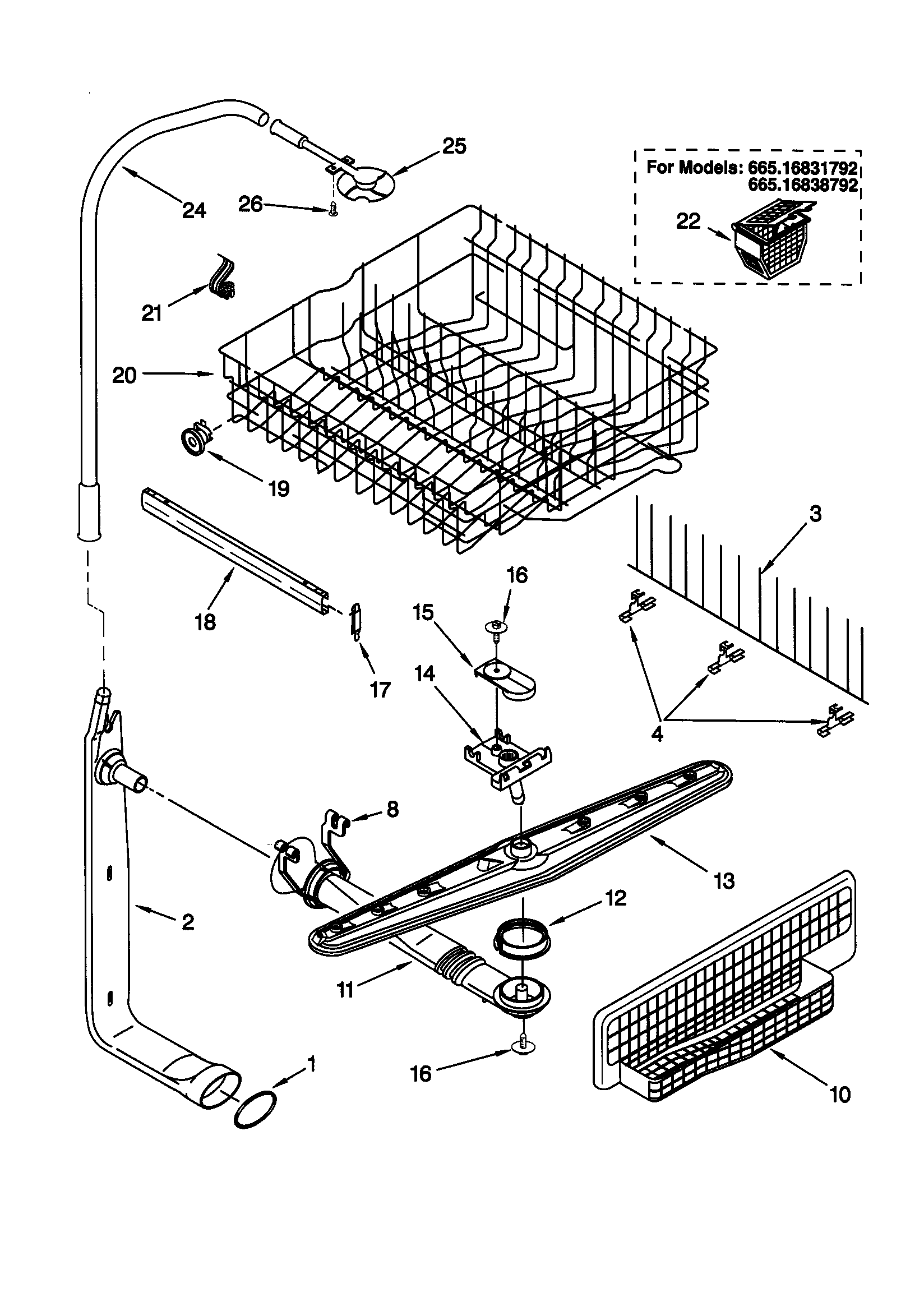 Upper dishrack and water feed