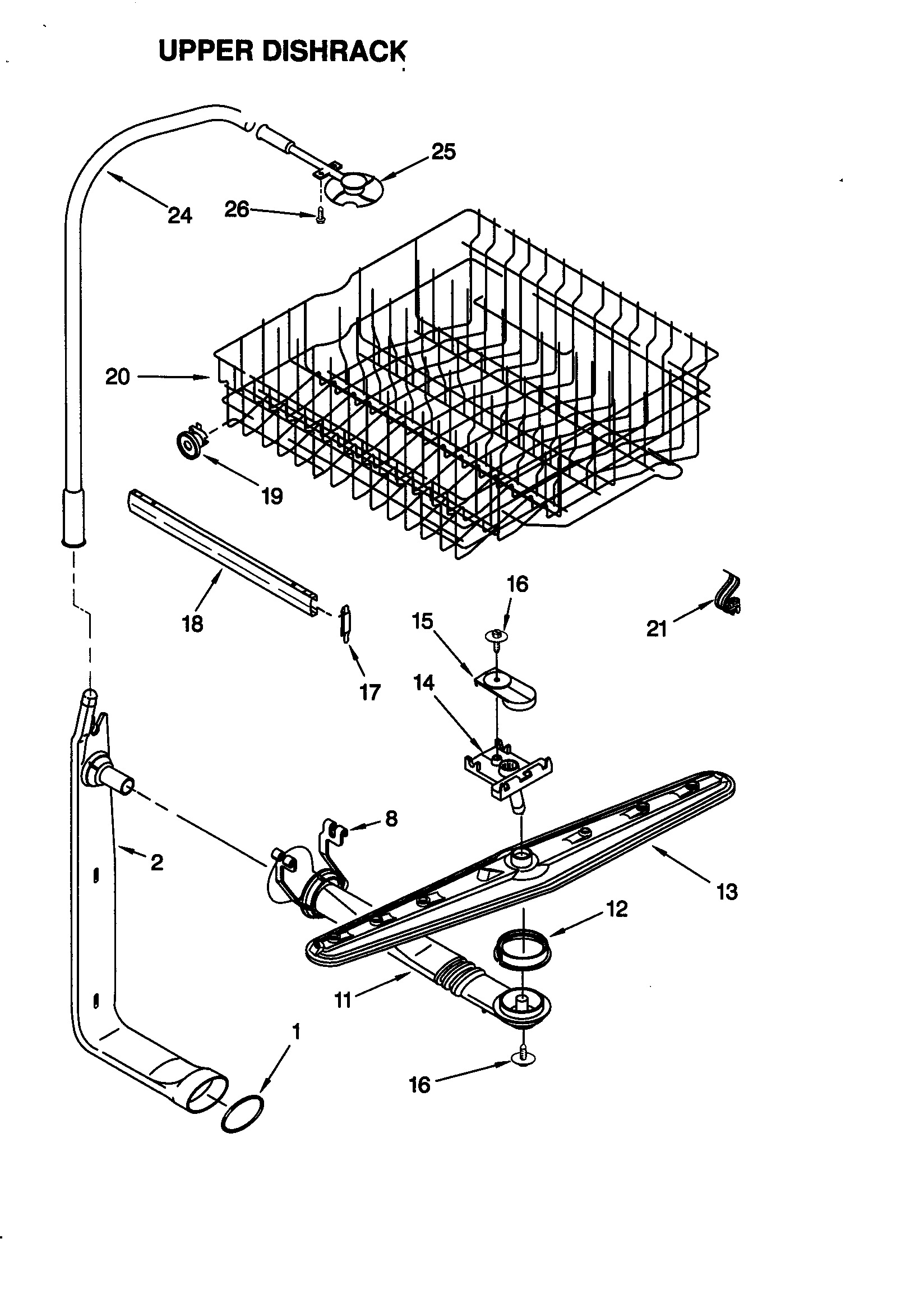 Upper dishrack and water feed