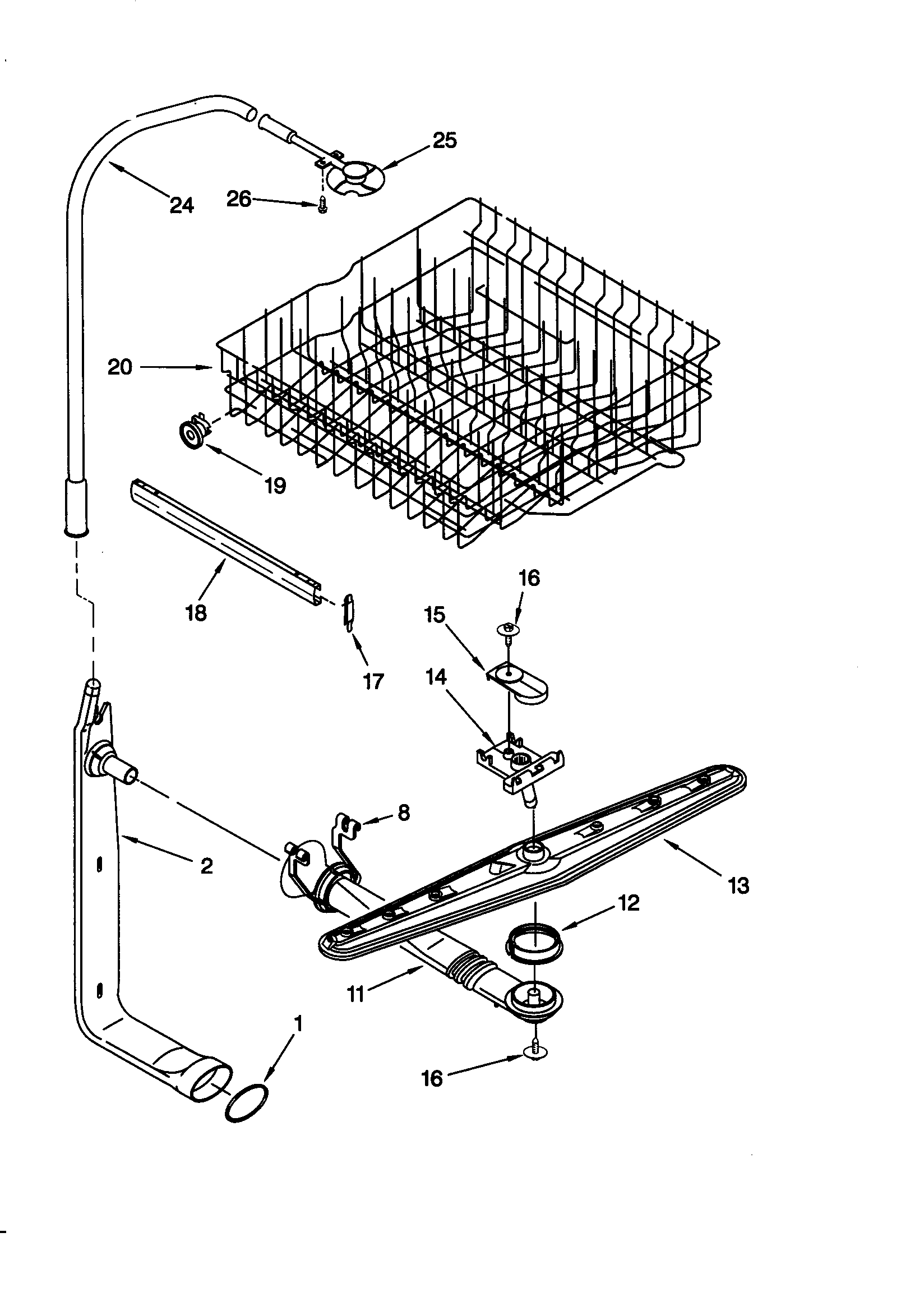 Upper dishrack and water feed