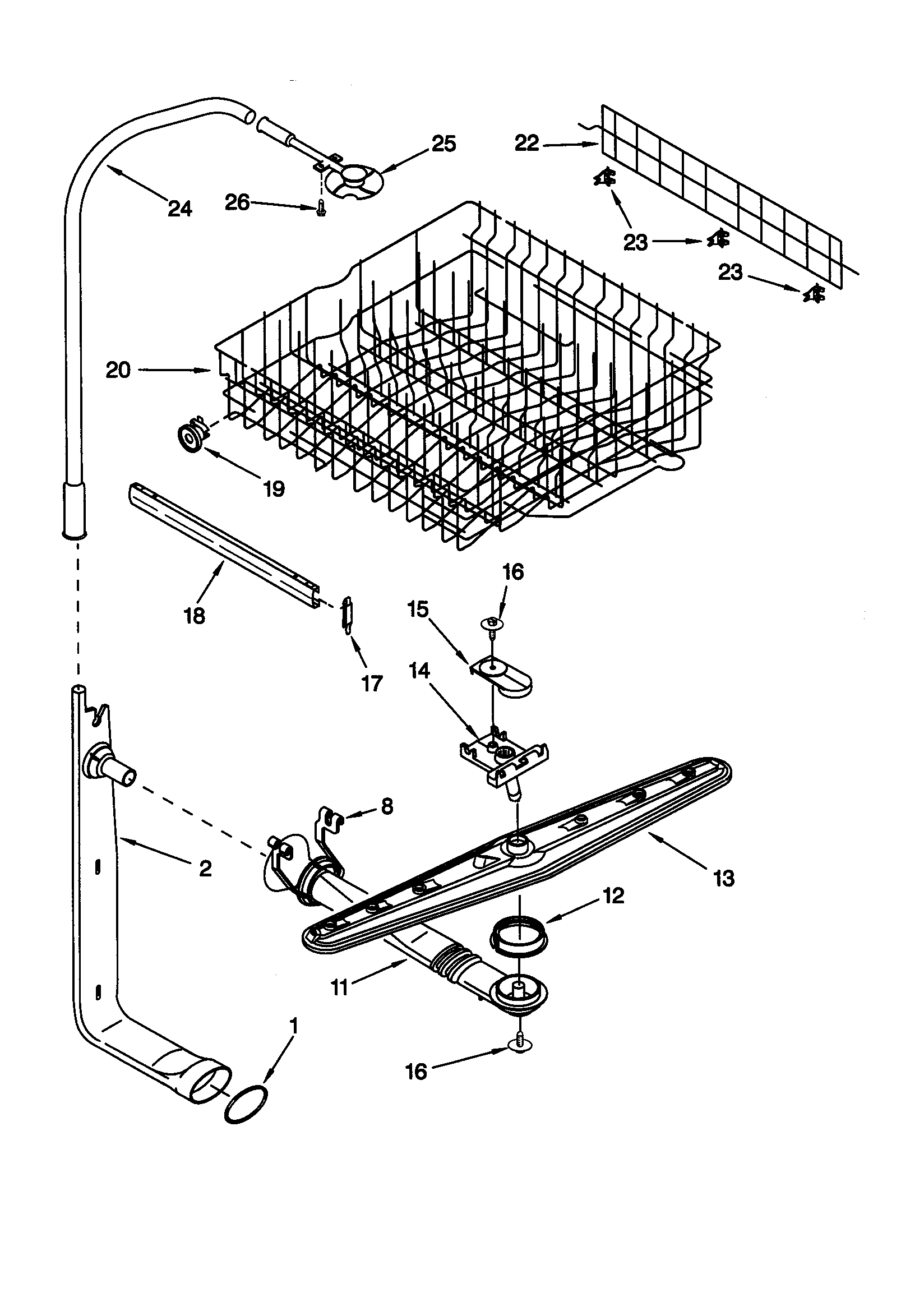 Upper dishrack and water feed