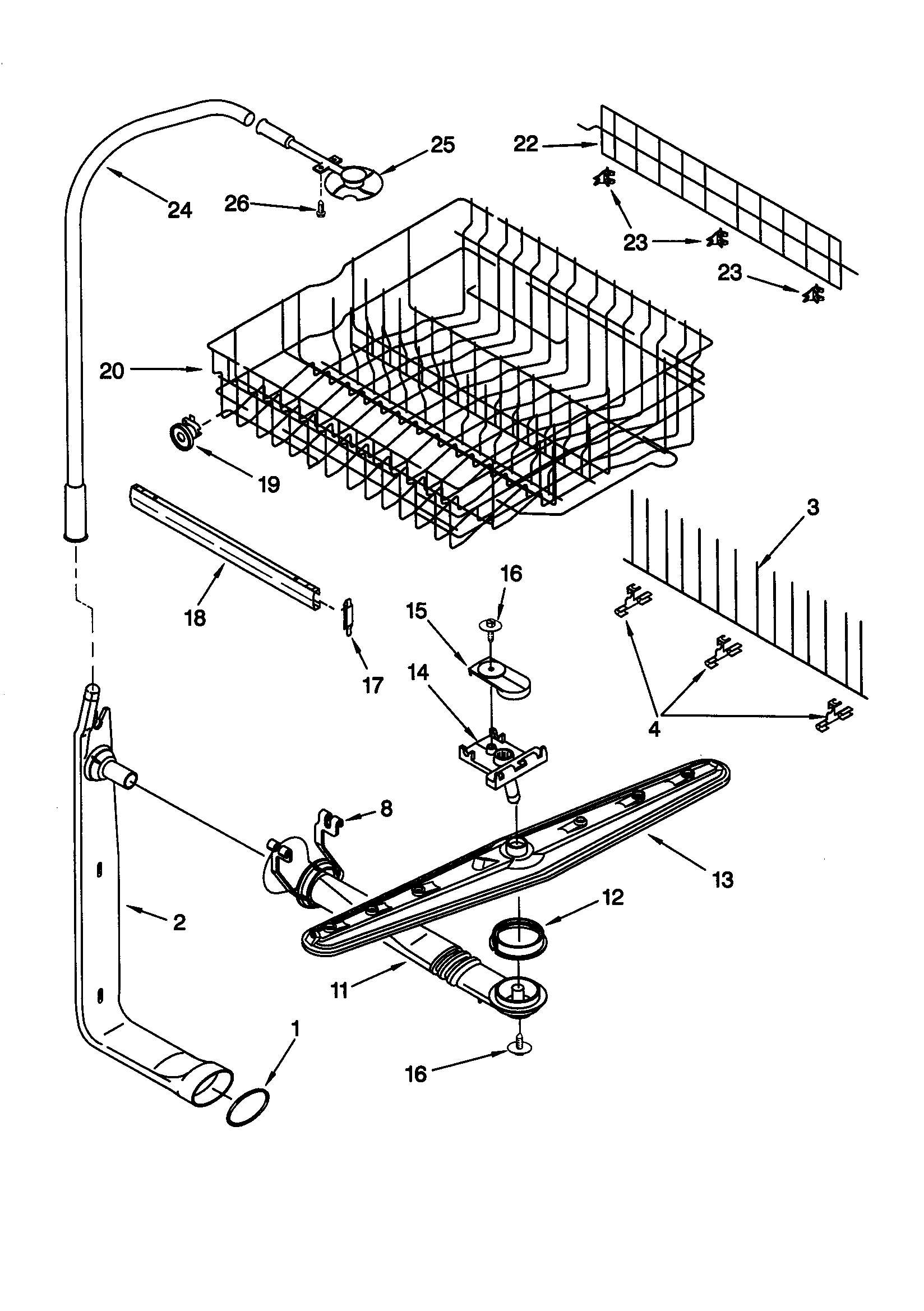Upper dishrack and water feed