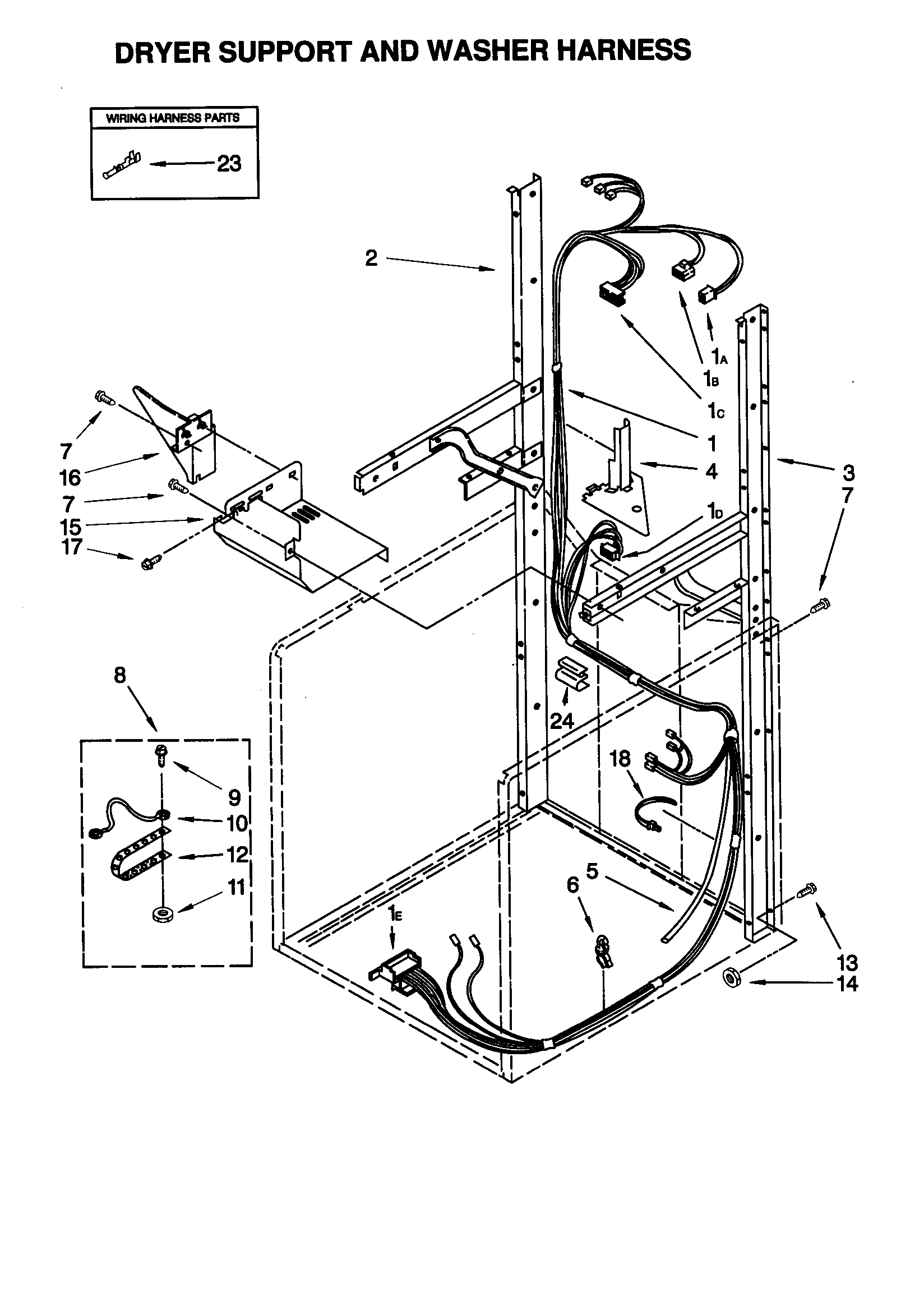 Dryer support and washer harness
