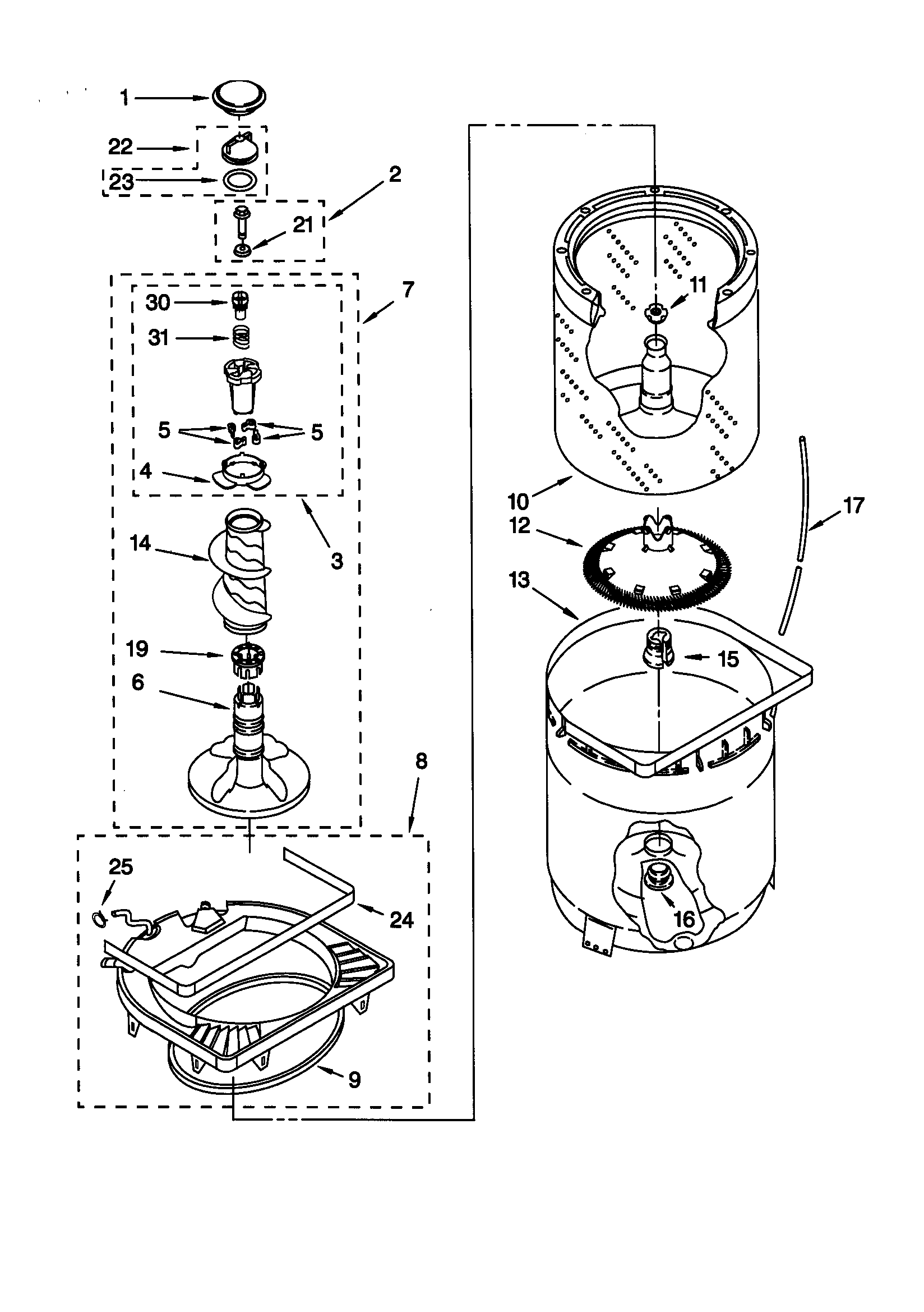 AGITATOR, BASKET AND TUB