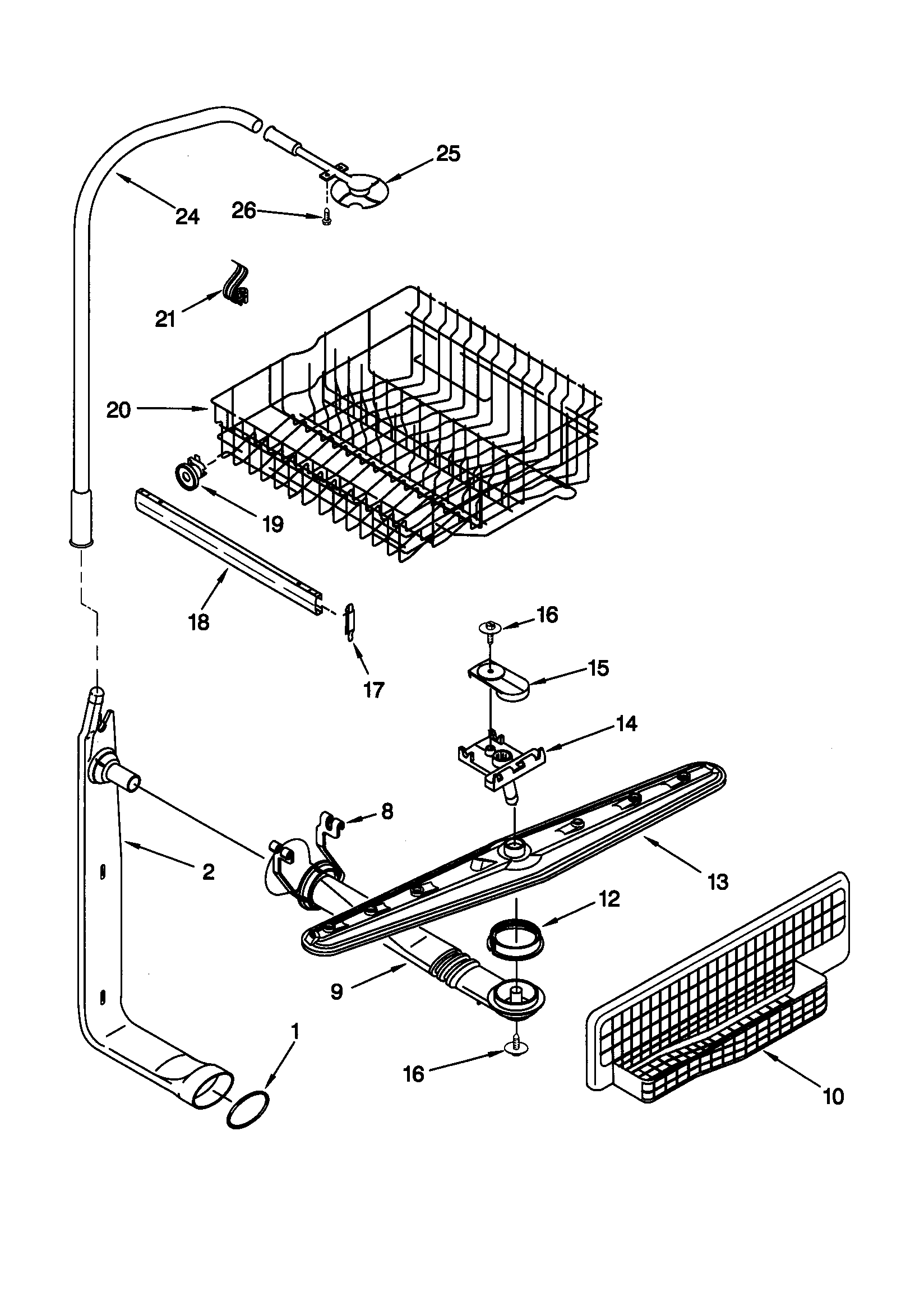 Upper dishrack and water feed