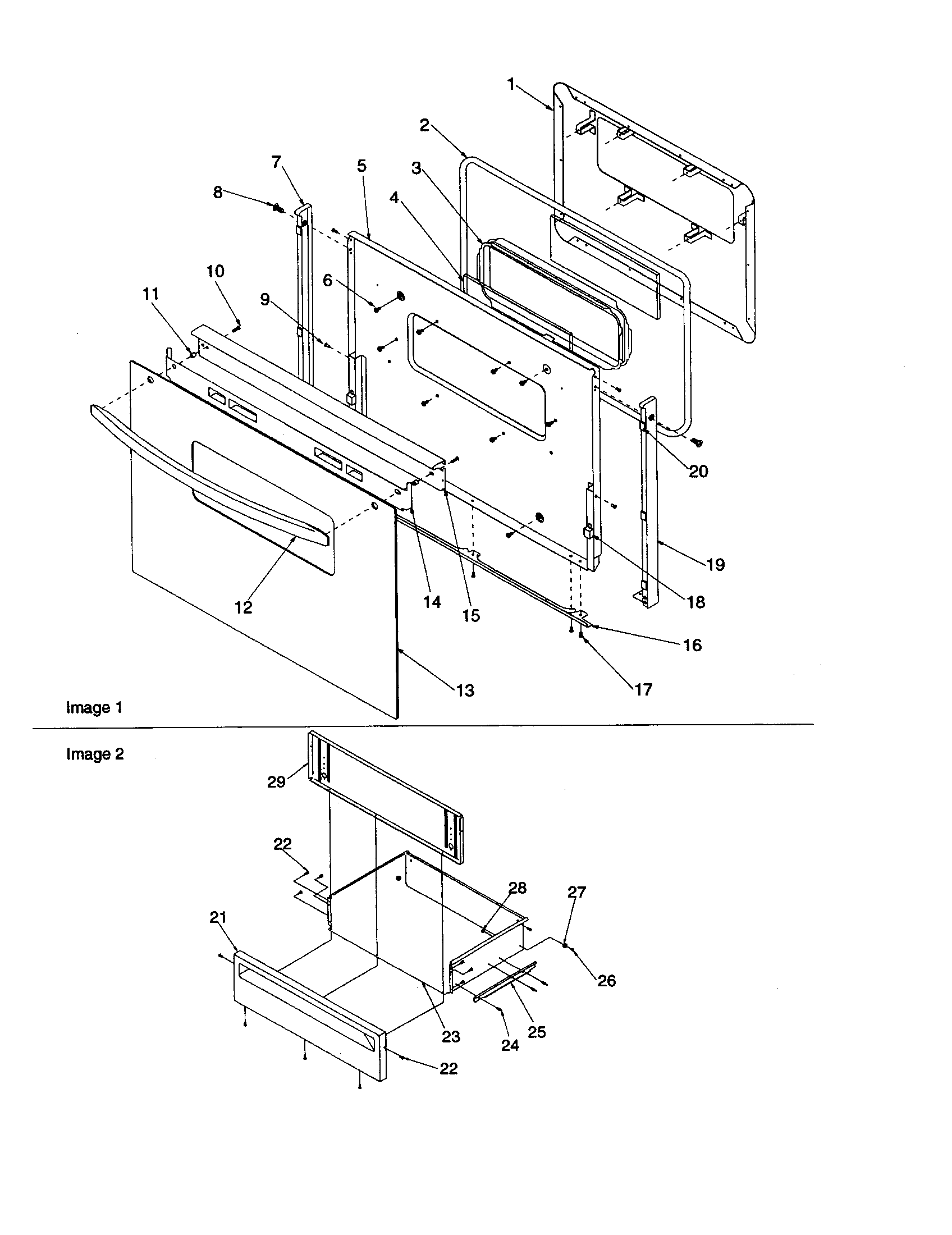 OVEN DOOR AND STORAGE DRAWER