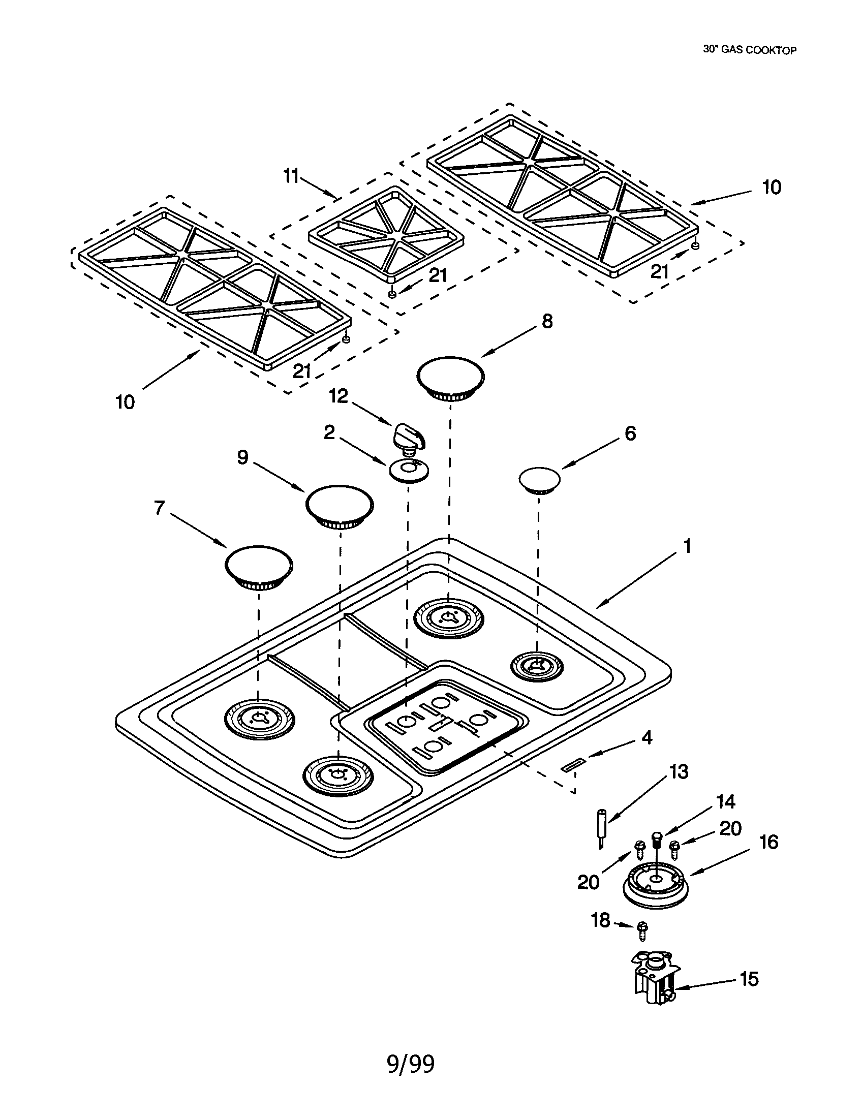 Cooktop, burner and grate