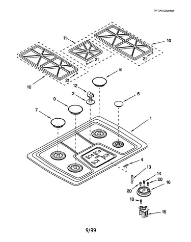 Cooktop, burner and grate