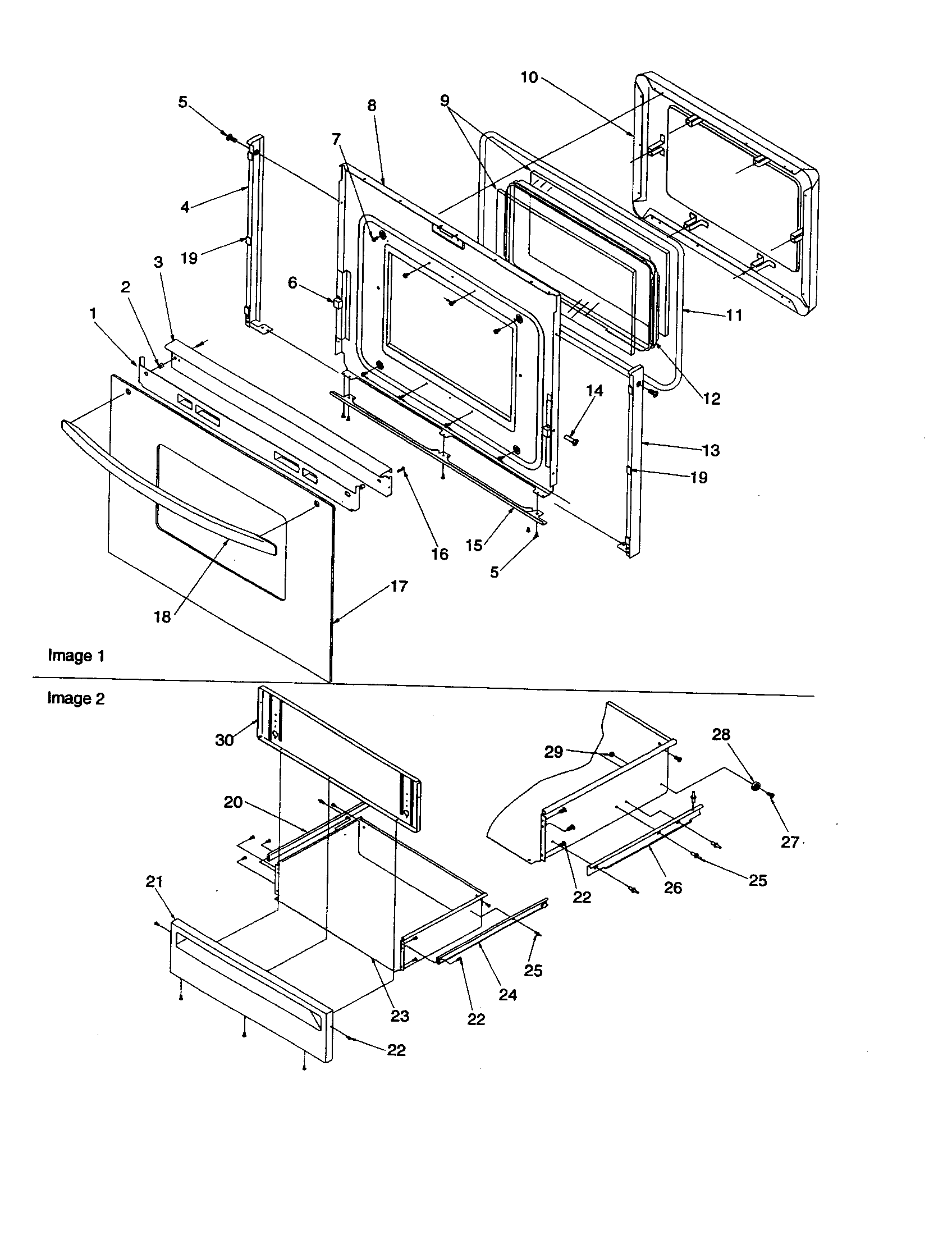 Oven door and storage drawer