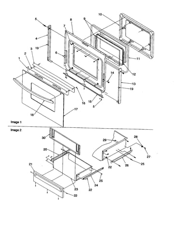 Oven door and storage drawer