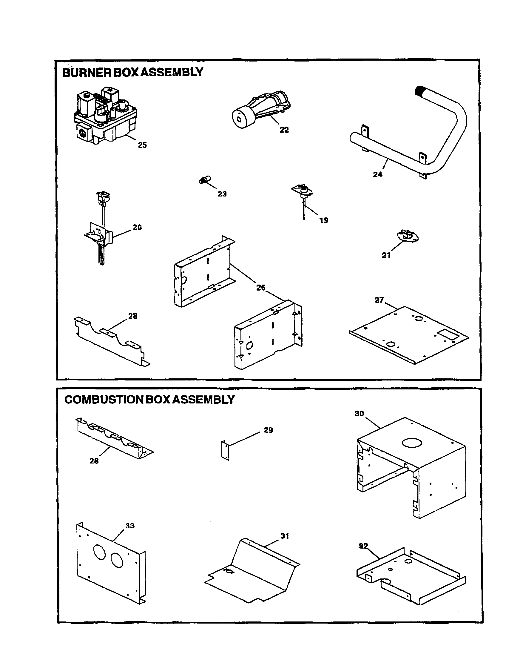Burner/combustion box assemblies