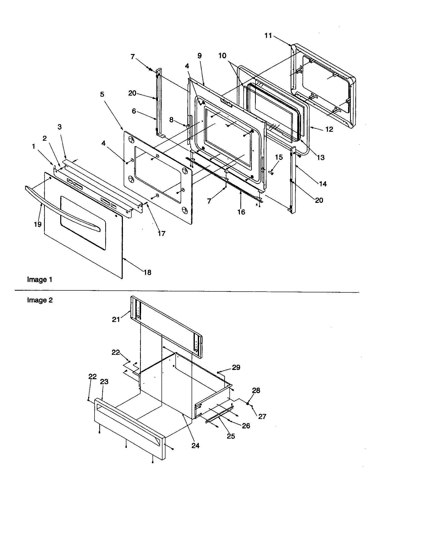 OVEN DOOR AND STORAGE DRAWER