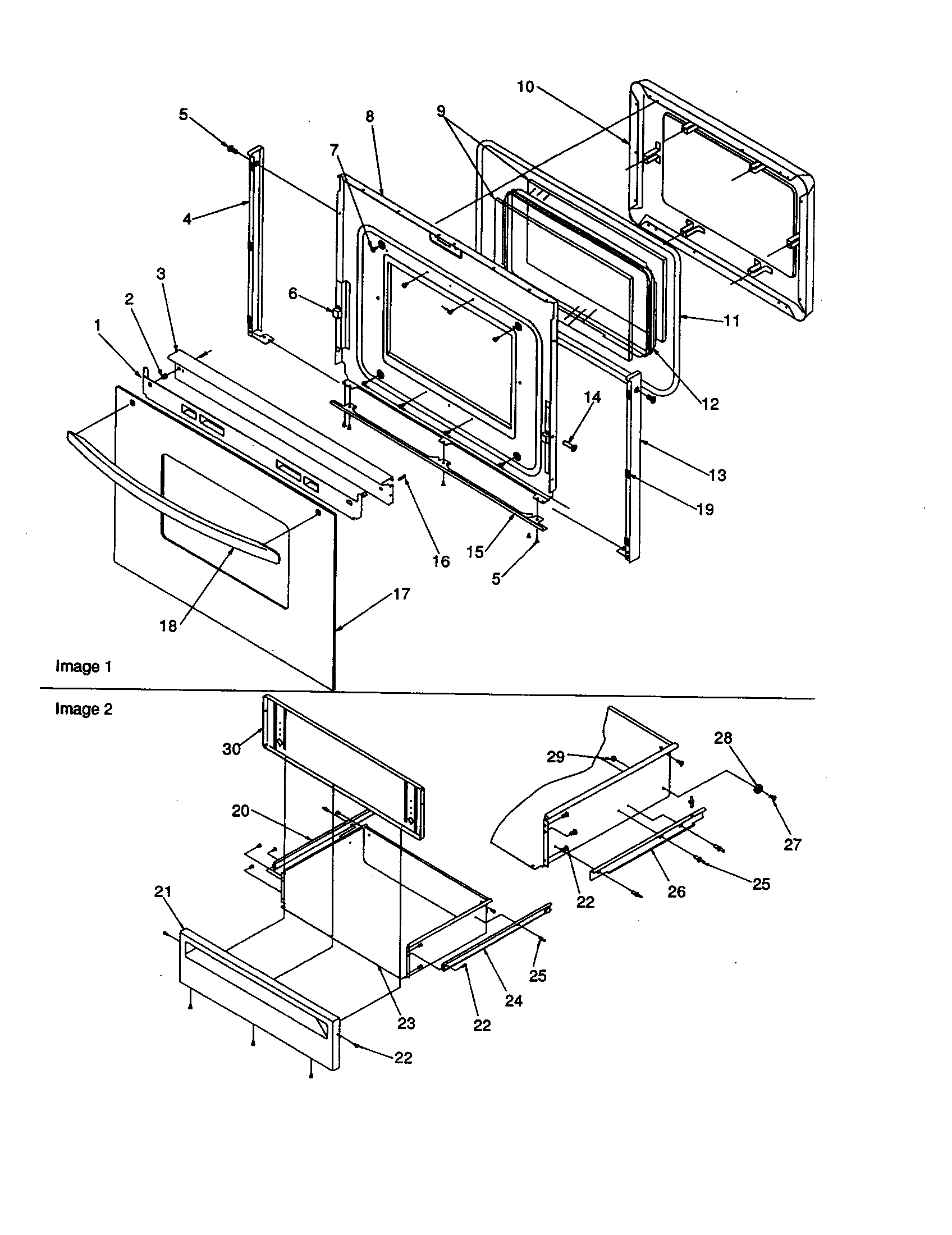 Oven door and storage drawer