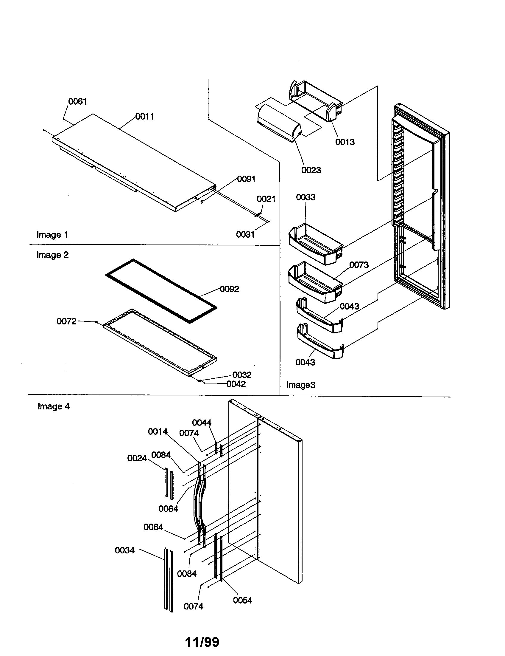 Refrigerator door, trim and handles