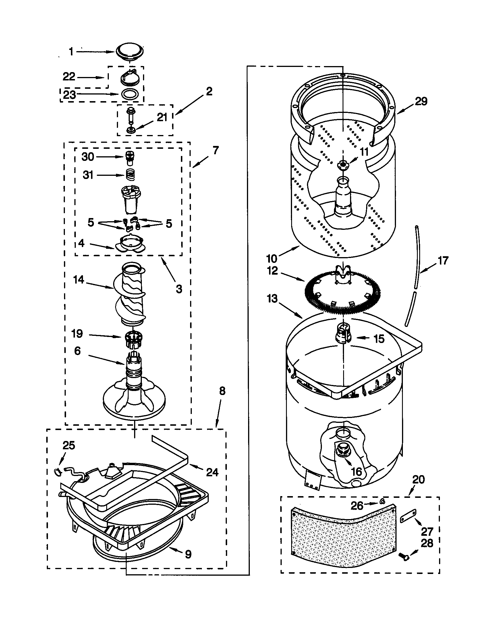 AGITATOR, BASKET AND TUB