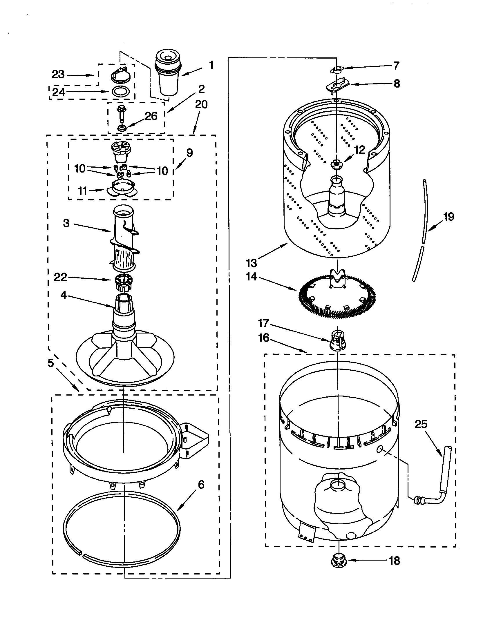 Agitator, basket and tub