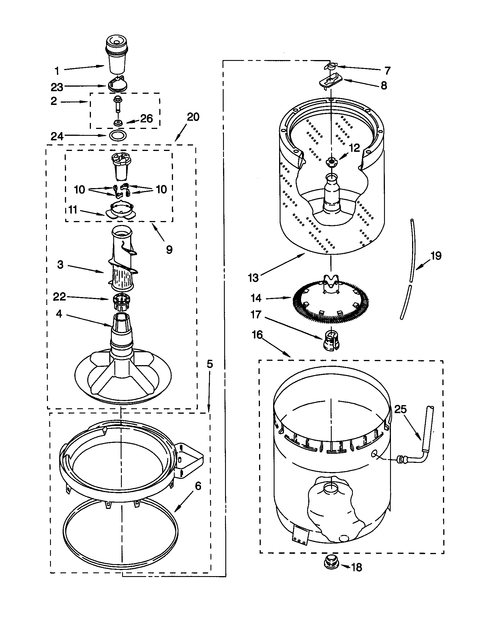 Agitator, basket and tub
